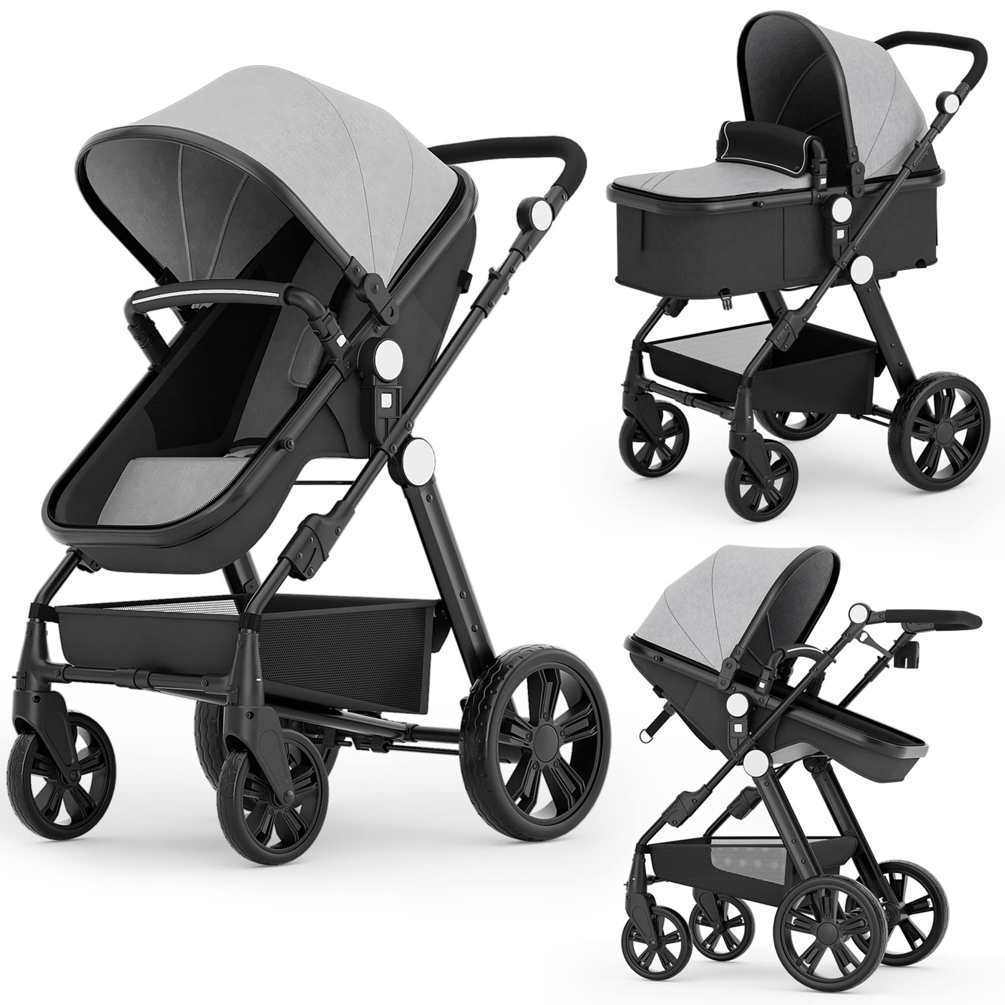 Newborn Infant Baby Bassinet Stroller - Sleeping & Sitting Mode 2 in 1 All Terrain High Landscape Shock Absorption Sunshade Comfortable Baby Toddler Strollers for 0-36 Months Old Babies Gray