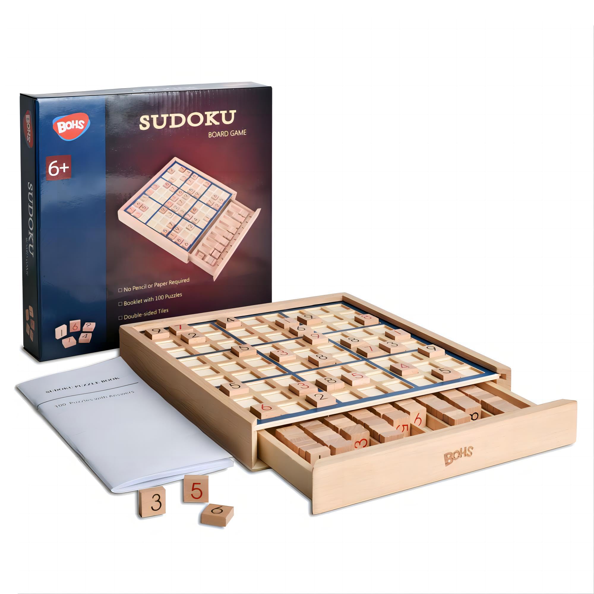 BOHSWooden Sudoku Board Game with Drawer - with Book of 100 Sudoku Puzzles for Adults - Brain Teaser Desktop Toys