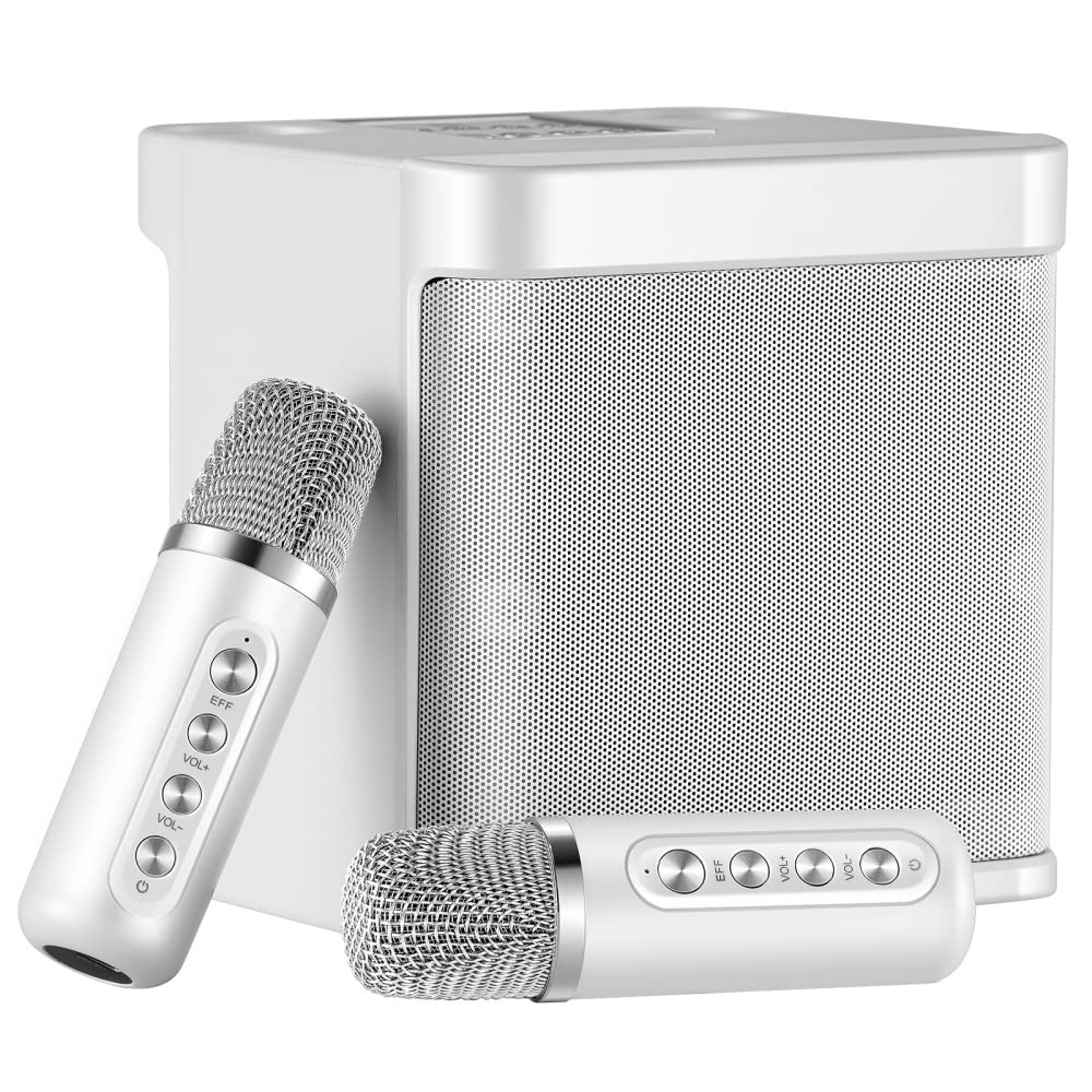 SEAAN Mini Karaoke System Karaoke Machine Karaoke Microphone with 2 Mics Stereo Speaker Support Bluetooth, AUX, USB, TF for Party, Meeting, Wedding, Home and Outdoor, White