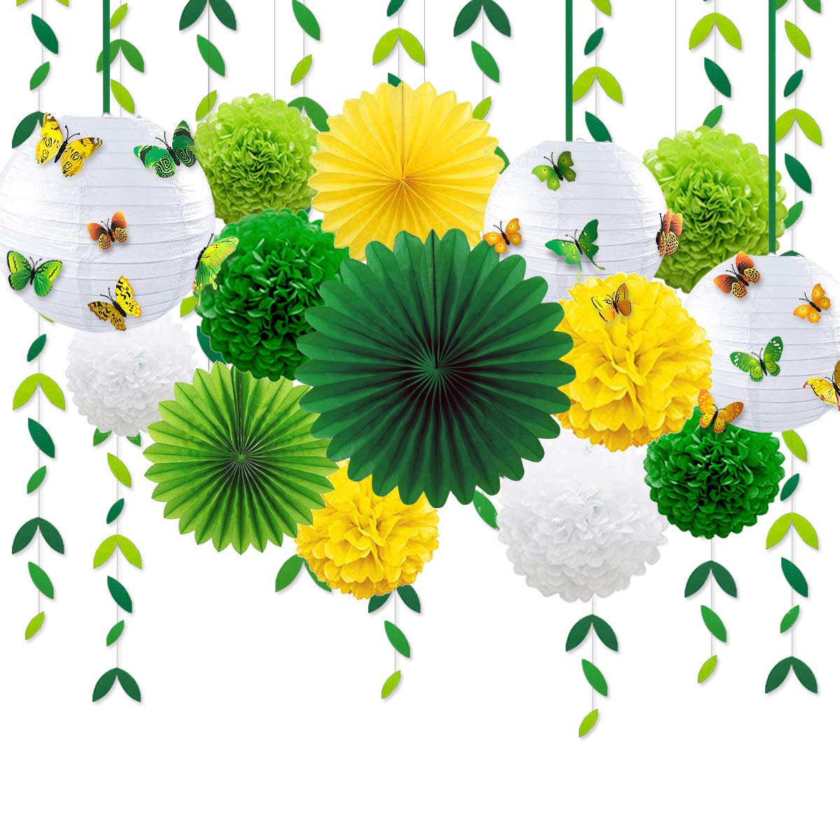 Yellow Green Party Decoration Kit Hanging Paper Fans Lanterns Flowers Pom Pom with 3D Butterfly Green Leaves Garland for Birthday Wedding Engagement Baby Shower Spring Summer Garden Tea Party Decor