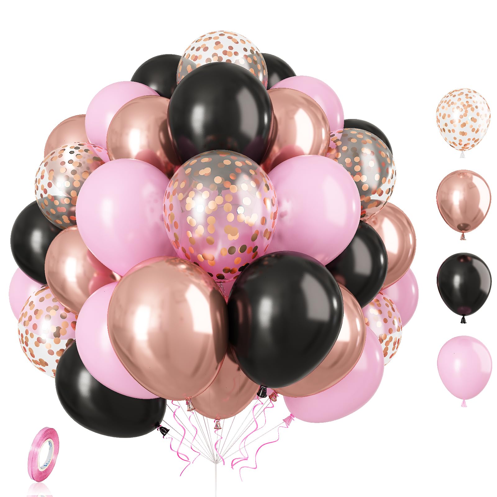 Pink and Black Balloons, 60 Pcs Baby Pink Balloons Set with Metallic Rose Gold Balloons Rose Gold Confetti Balloon, 12 Inch Pastel Pink Balloons for Girls Birthday Party Baby Shower Wedding Decoration