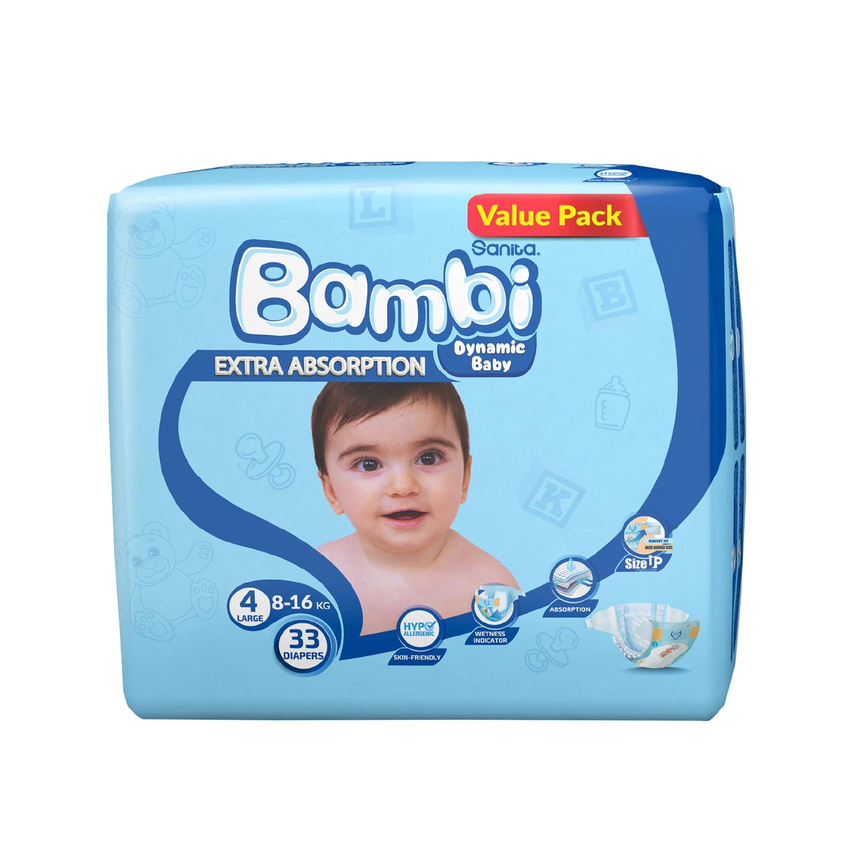 Sanita Bambi Baby Diapers, Size 4, 8-16 kg, Skin-Friendly with Hypoallergenic Inner layer, Wetness Indicator, Leakage Protection & Comfort - Value Pack, 33 Count