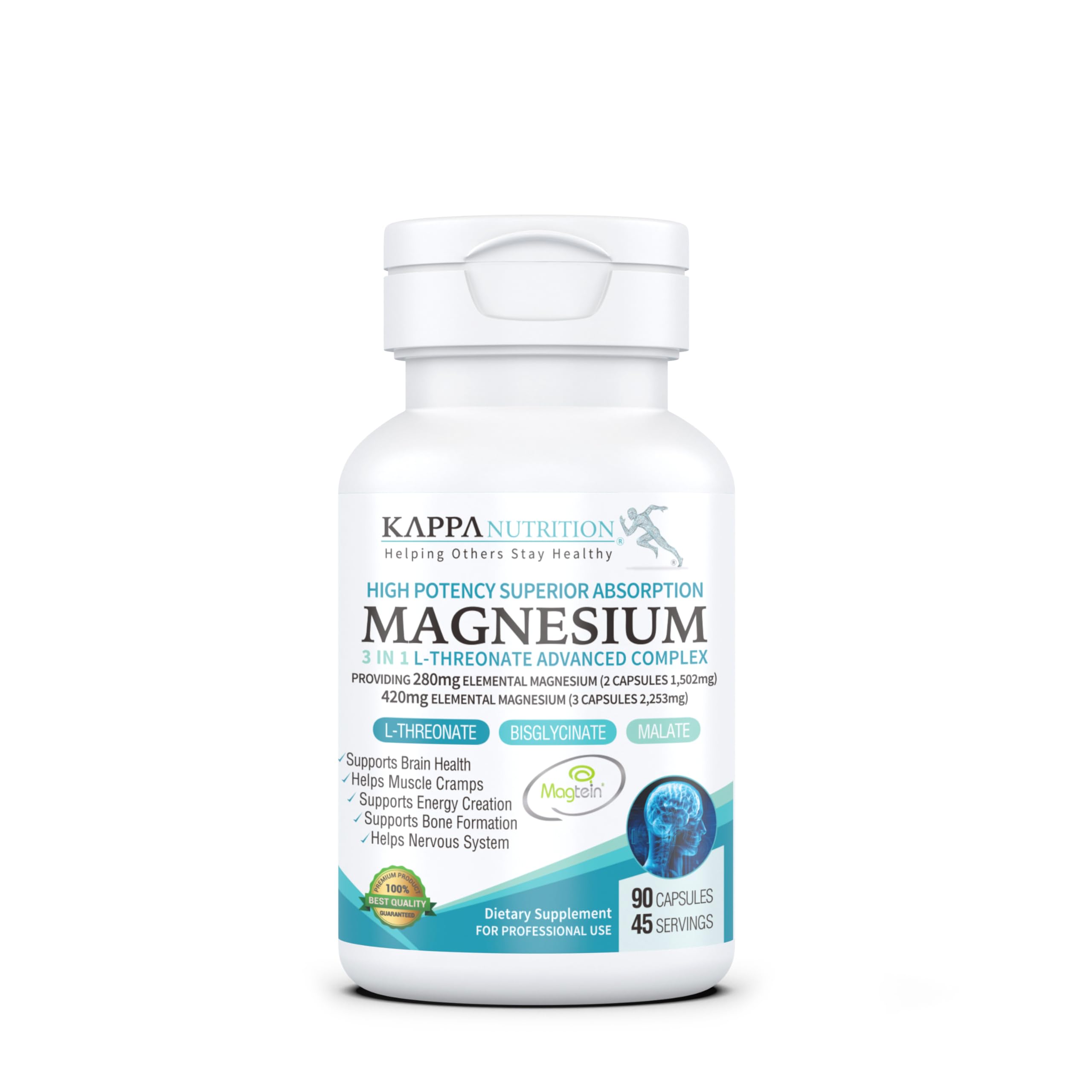 (90 Capsules), 2,253mg Per Serving, Providing 420mg Elemental Magnesium, L-Threonate, Bisglycinate Chelate, Malate, from Kappa Nutrition.