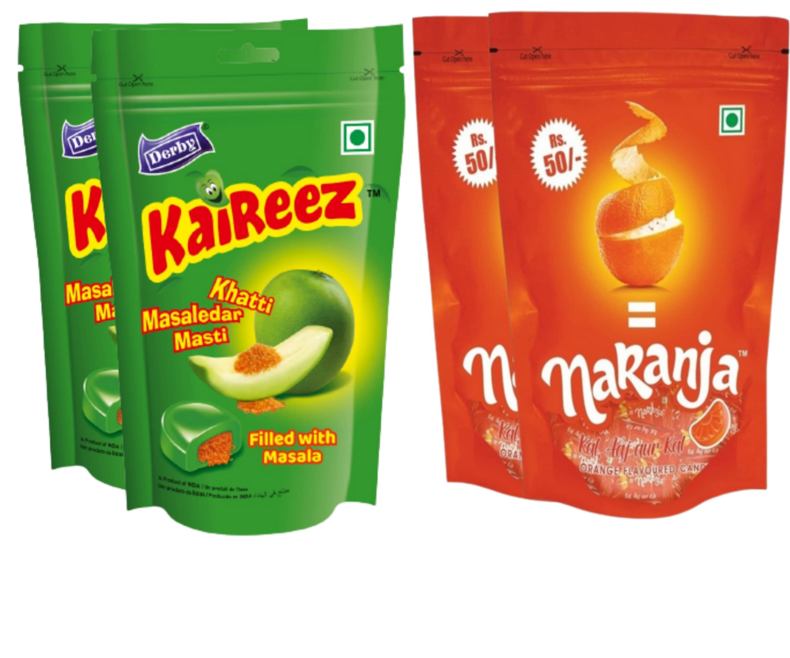 Derby Naranja Orange Flavored Candy & KaiReez Kacha Aam Fruit Flavored (Each Pack Of 3) in each packet 50pcs | Santra Goli | Childhood Taste / 900Gms