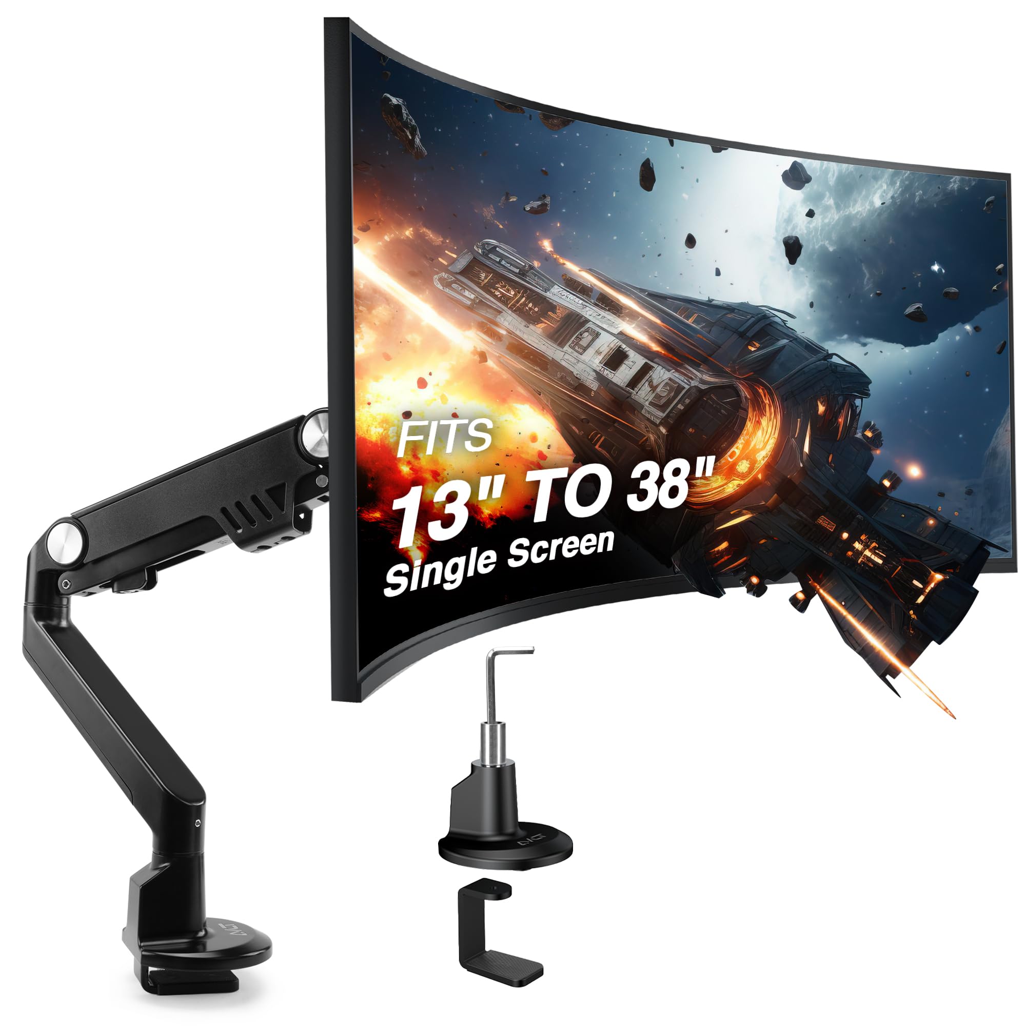 AVLT Single 13"-38" Monitor Arm Desk Mount fits One Flat/Curved/Ultrawide Monitor Full Motion Height Swivel Tilt Rotation Adjustable Monitor Arm - VESA/C-Clamp/Cable Management - Black