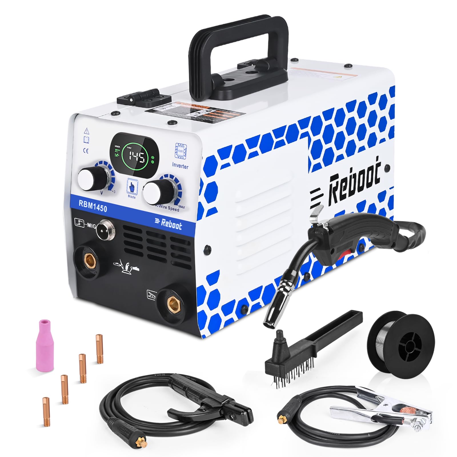 Reboot 145A MIG Welder, 110V/220V Dual Voltage Flux Core Welder Flux MIG/Lift TIG/Stick 3 in 1 Synergic Large LED Digital Display Welding Machine IGBT Inverter Welder RBM1450 (NO COVERSION LINE)