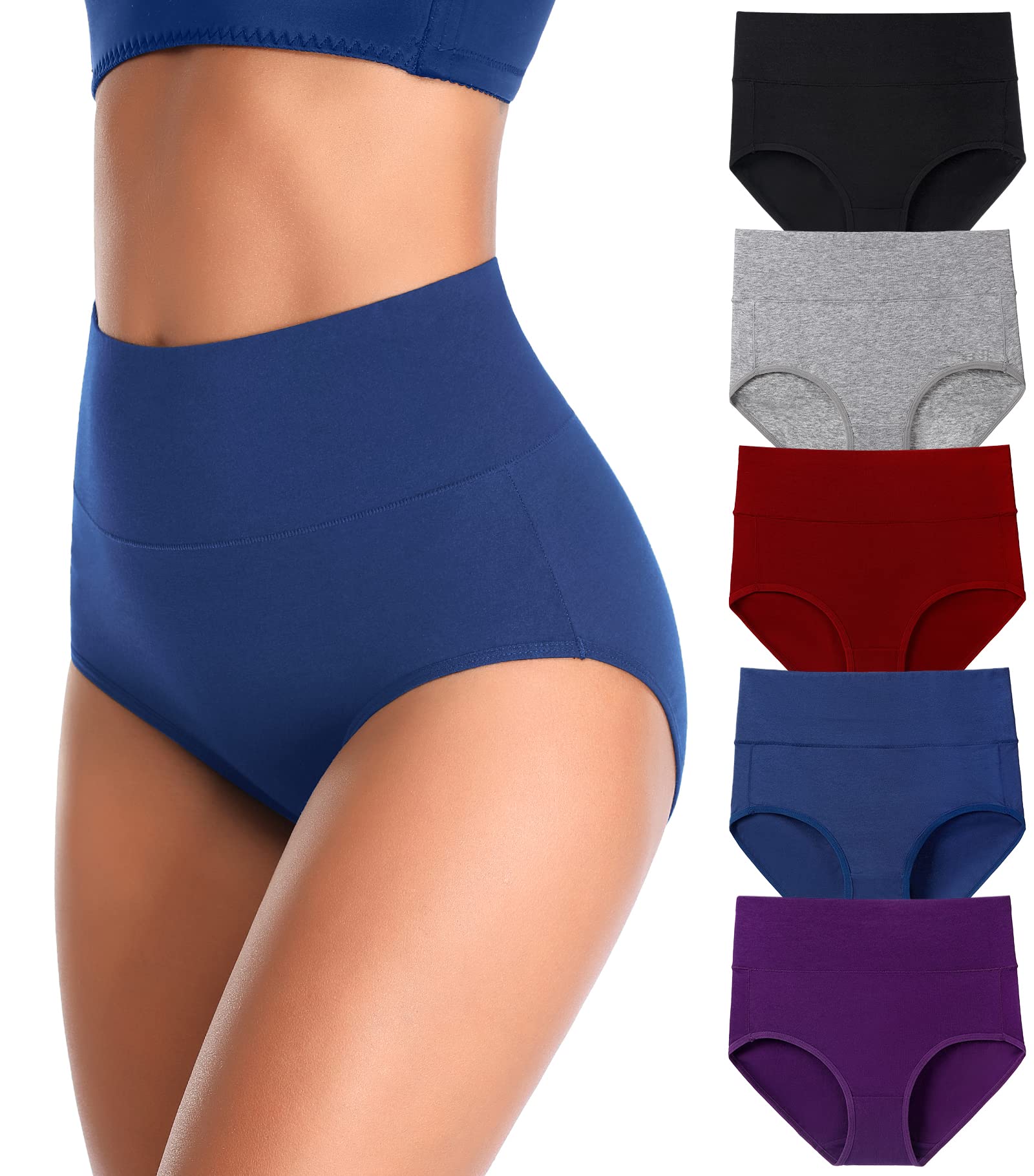 K-CHEONY Women's Underwear, High Waist Cotton Breathable Full Coverage Panties Brief Multipack Regular and Plus Size