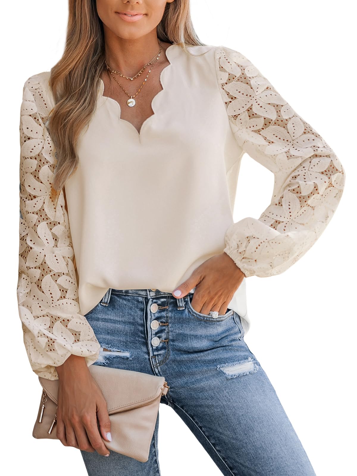 CUPSHE Women Floral Lace Scalloped Top Long Sleeve Shirts V Neck Blouses