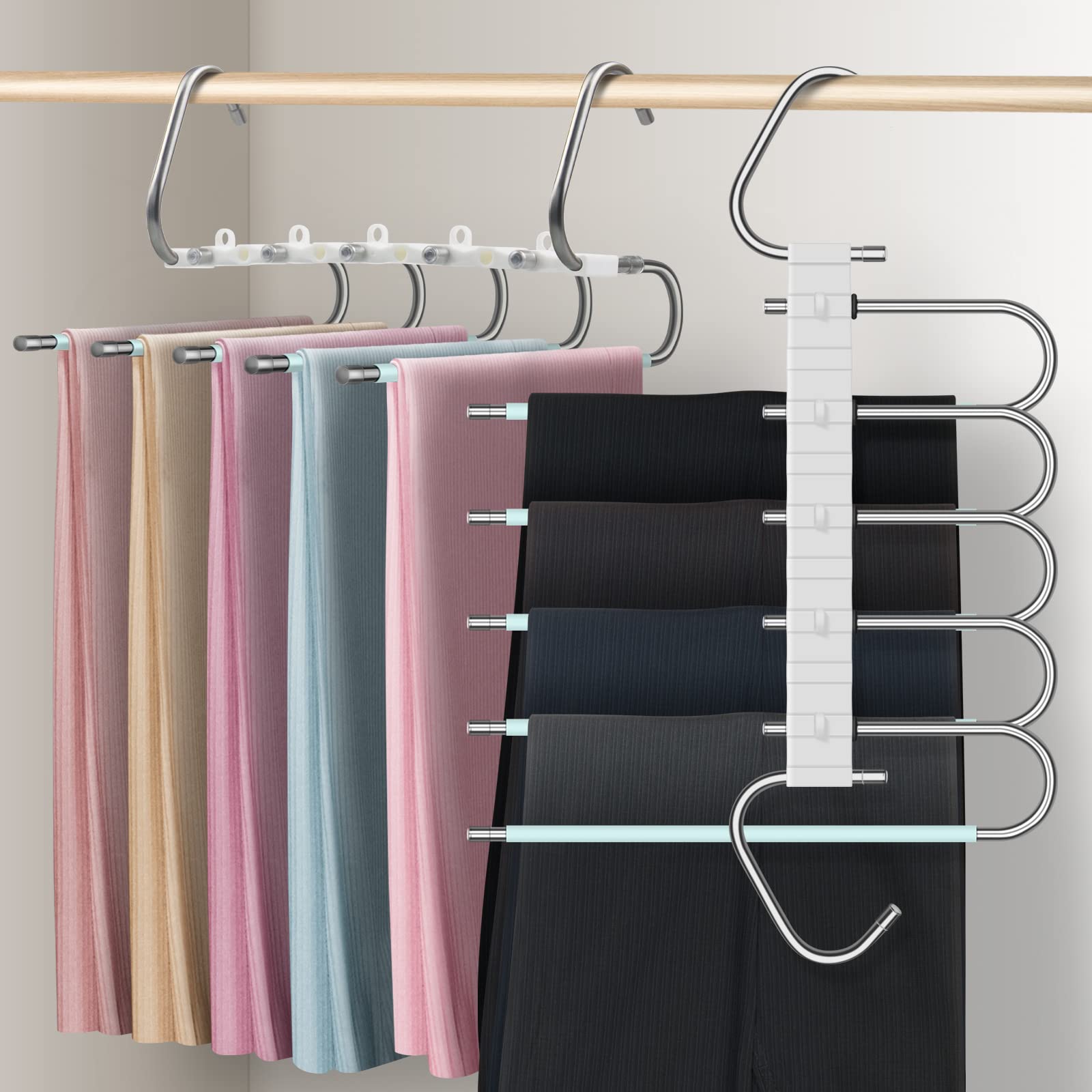 devesanter Pants Hangers Space Saving Hangers for Clothes 2 Pack Jean Hangers Pant Organizer Non Slip Multifunctional Pants Rack Hanger（Green with 10 Clips）