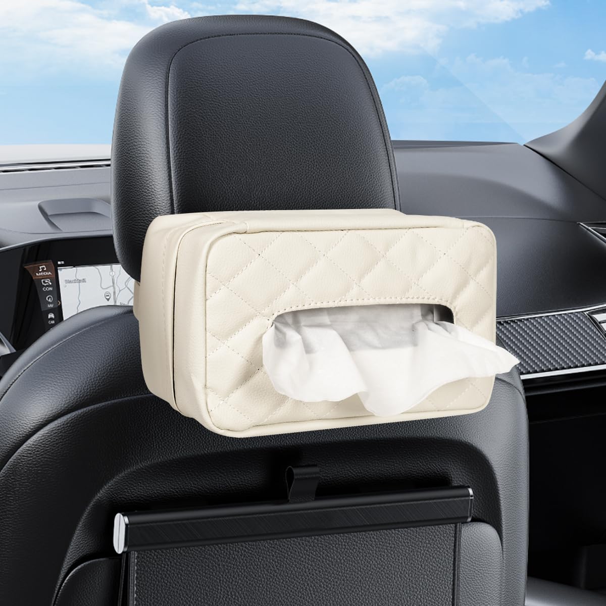 Car Tissue Holder, Standard Tissue Holder for Car Pu Leather Car Napkin Holder, Car Backseat Extra Large Tissue Organization Fit for 120-150 Tissues per Box 9.84'' x 3.94'' x 5.51'' (White)