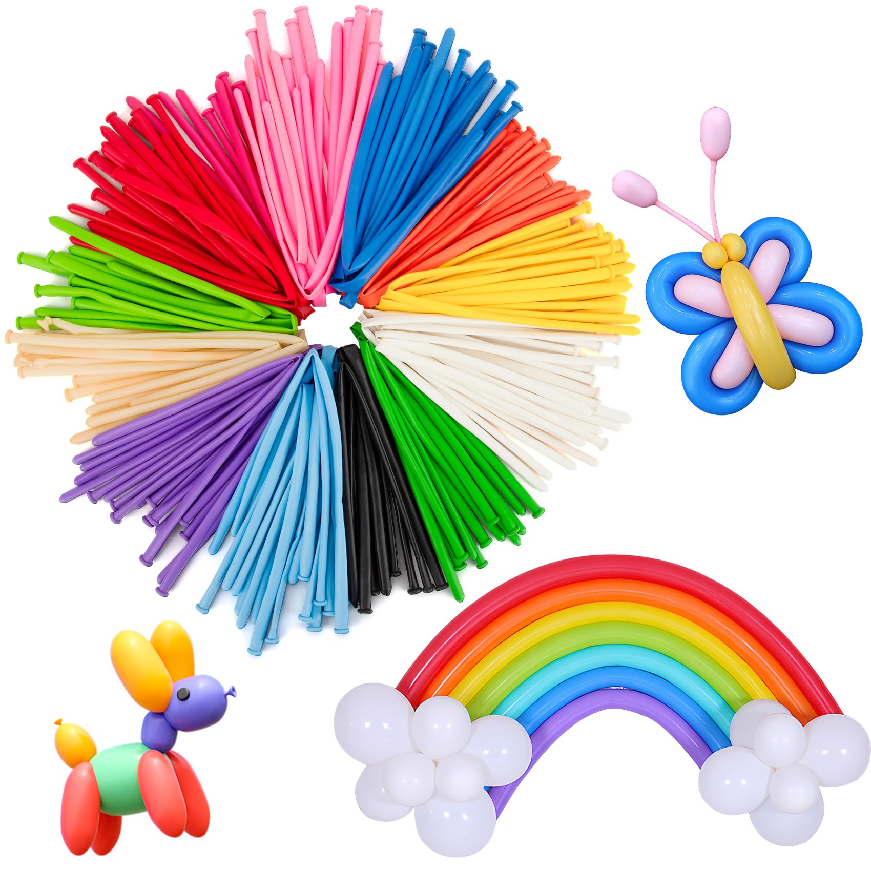 260 Balloons, Long Balloons for Tying Balloon Arch, 100Pcs Balloon Animal Balloons for Birthday Party, Multicolor Balloons, Balloon Magic, Long Skinny Balloons, Twisting Balloons Clowns Decorations