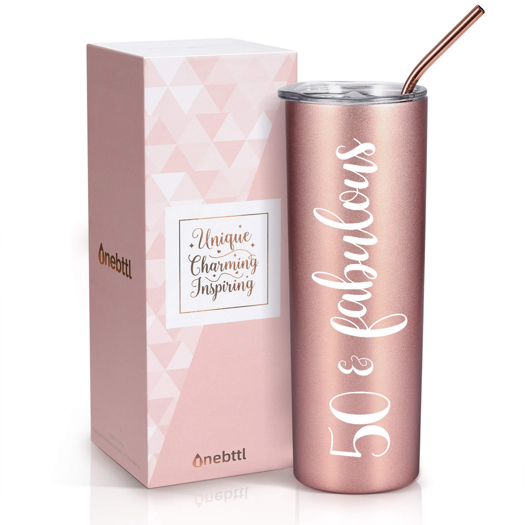 Onebttl50th Birthday Gifts for Women, Female, Her - 50 and Fabulous - 20oz/590ml Stainless Steel Insulated Tumbler with Straw, Lid, Message Card - (Rose Gold)