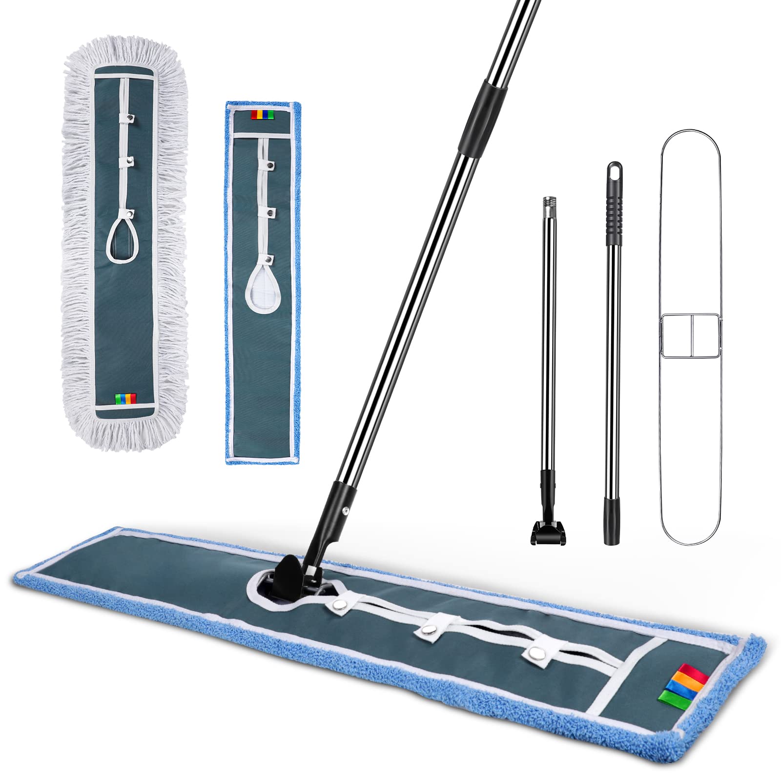 Masthome Industrial Flat Mop, 90cm Large Floor Mops with 2 Microfibre & Cotton Pads, Commercial Mops for Cleaning Floors with 130cm Long Handle, Suitable for Home Mall Office Hotel Garage Cleaning