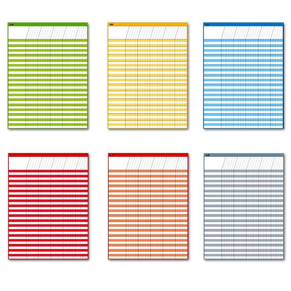 Dry Erase Incentive Chart/Chore/Responsibility/School Attendance/Homework Progress Tracking Chart, 6 Pack in Multi-Color, 36 Rows X 25 Columns (17" x 22.5")