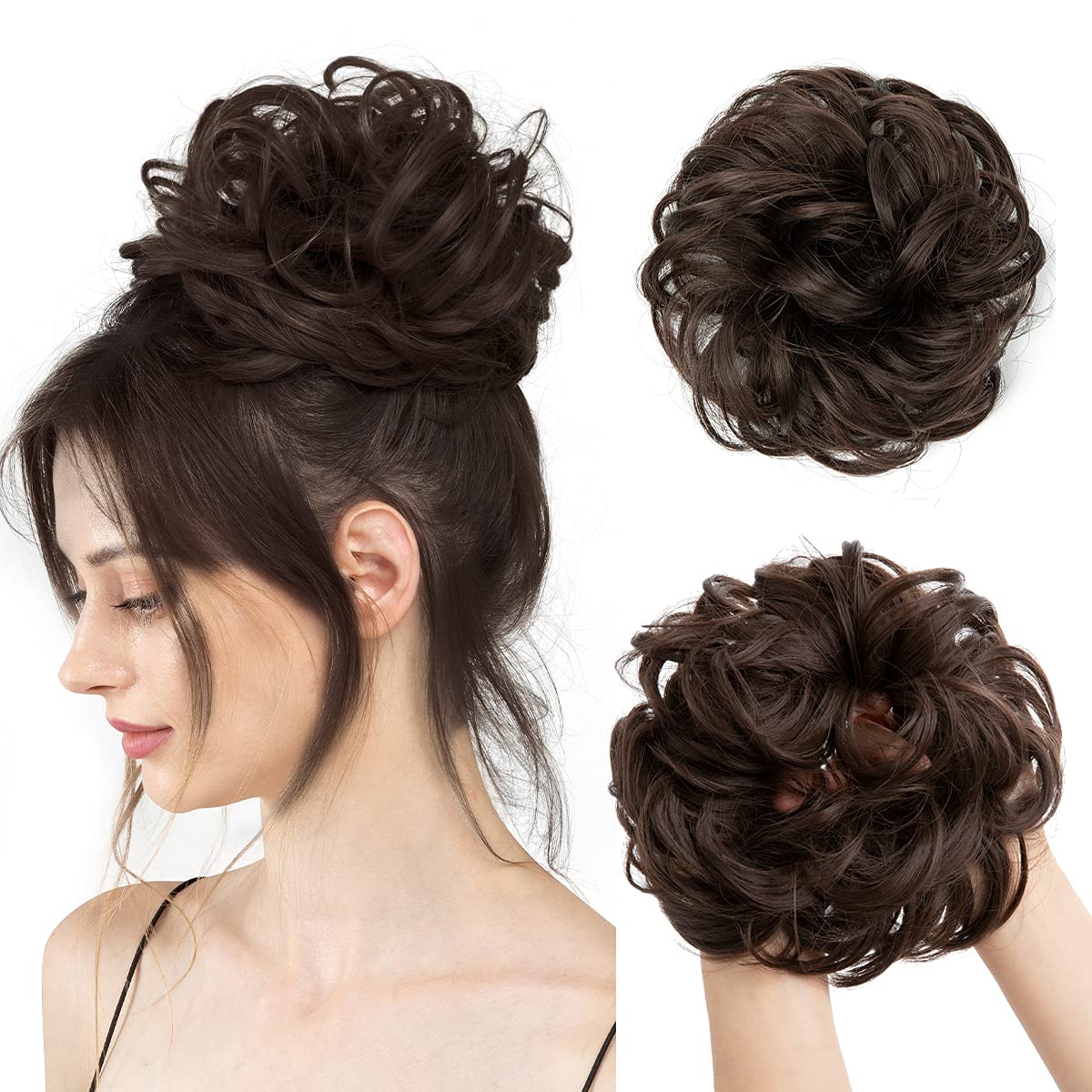 SARLA Messy Hair Bun Hair Piece for Women Girls Dark Brown Synthetic Hair Buns Extension Hairpieces Ponytail Hair Extensions