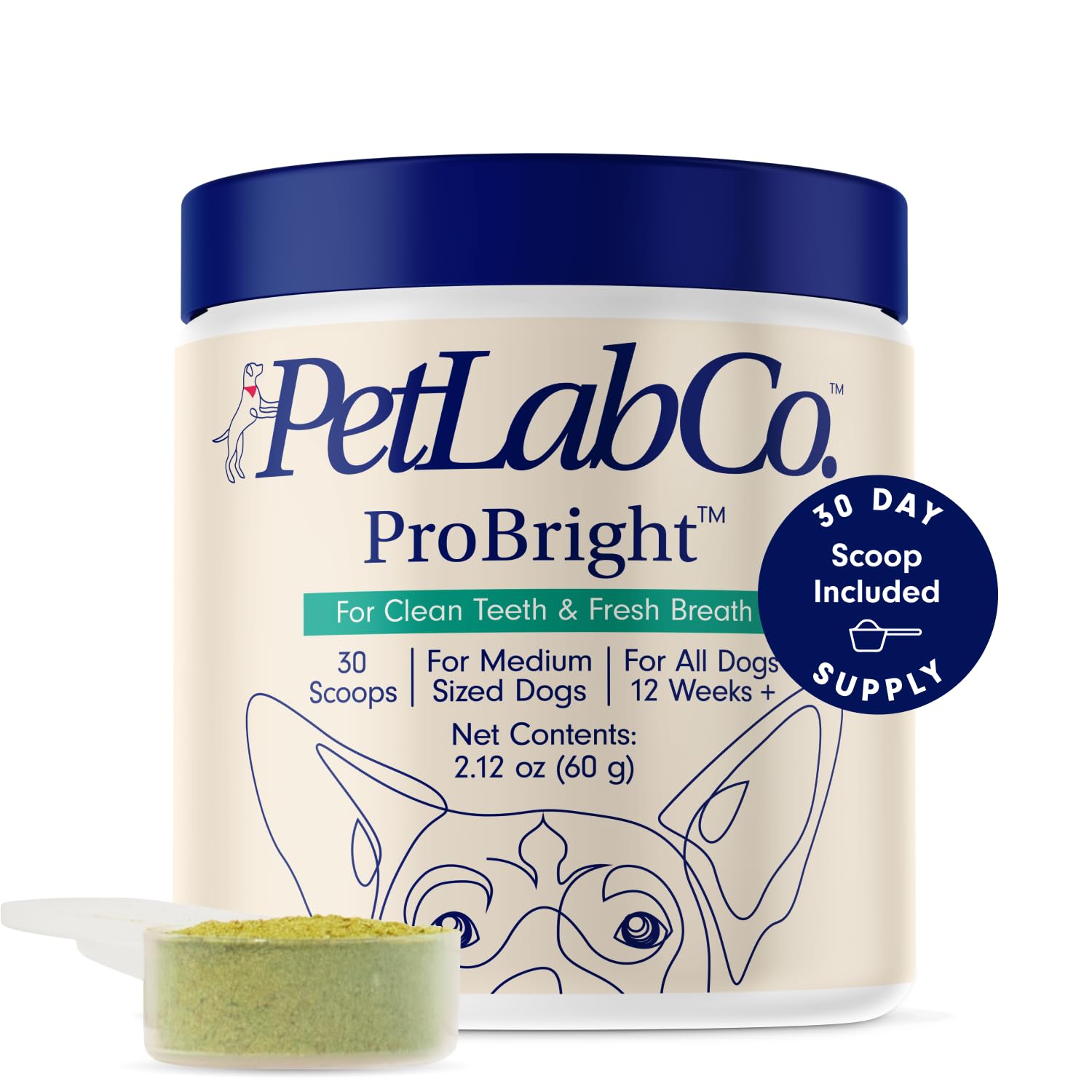 PetLab Co.ProBright Dental Powder - Dog Breath Freshener - Teeth Cleaning Made Easy – Targets Tartar & Bad Breath - Formulated for Medium Size Dogs