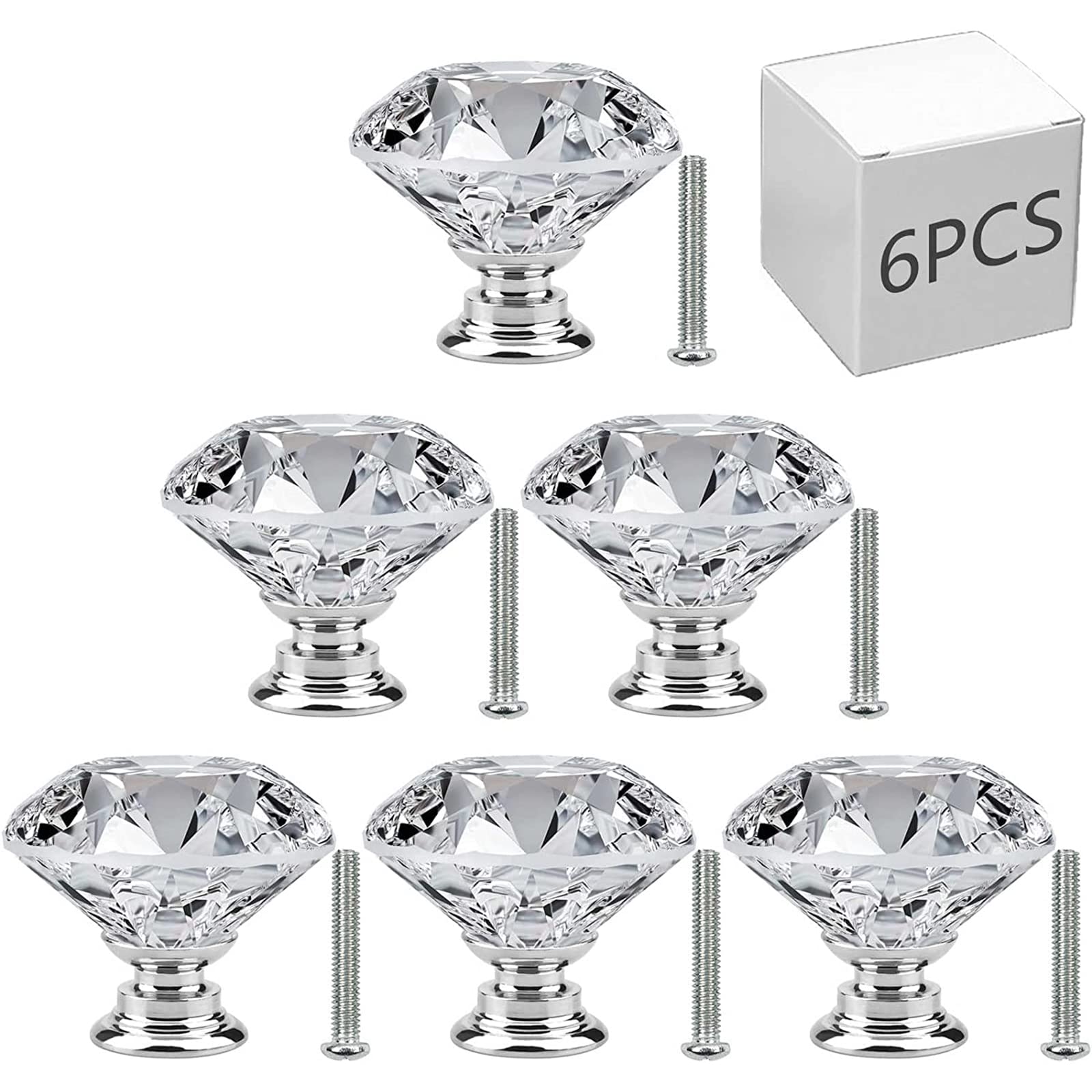 Tepengdie 6 PCS Cabinet Knobs with Screws, 30mm Drawer Handles Crystal Glass Diamond Shaped Cupboards Door Knobs (Silver)