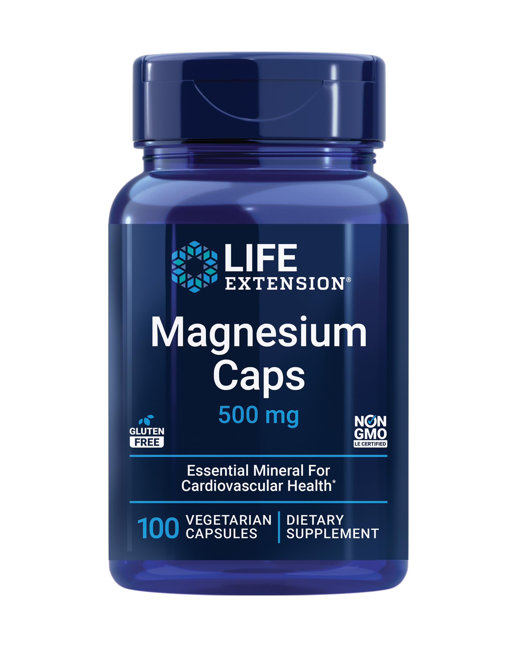 Life Extension Magnesium Caps 500 mg with Magnesium Oxide Citrate & Succinate Supports Healthy Heart and Bones Helps Metabolism Gluten-Free Non-GMO, 100 Vegetarian Capsules