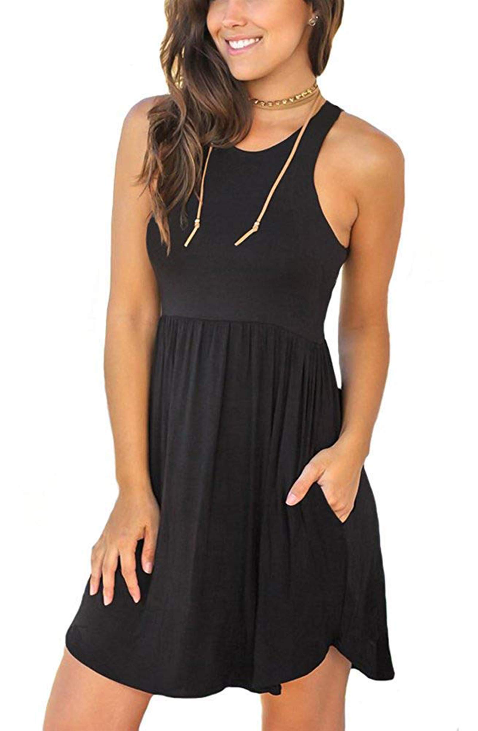 Women's Sleeveless Loose Plain Dresses Casual Short Dress with Pockets