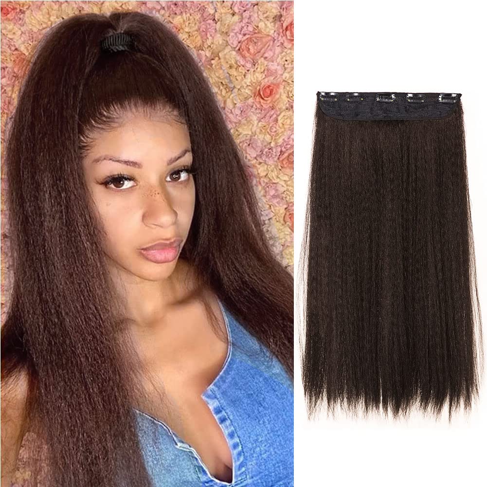 Dark Brown Straight Clip in Hair Extensions Brown Thick Yaki Straight Clip Ins Hair Extensions for African American One Piece Synthetic Hair Clip ins Hair Extensions for Black Women(Dark Brown)