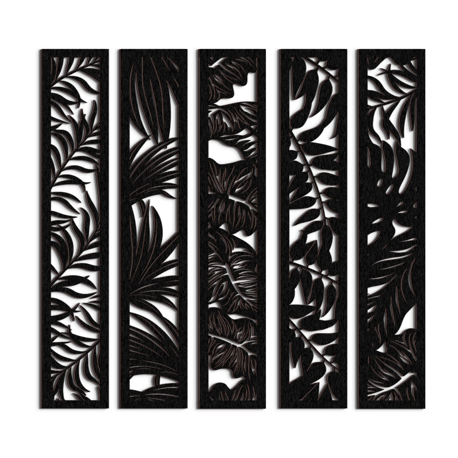 Blulu 5 Pieces Wooden Wall Art Hollow Wall Decor Wood Wall Accents Themed Wood Panels for Home Decorations Bedroom Living Room, 15.7 x 2.9 x 0.2 Inch (Black, Leaf)