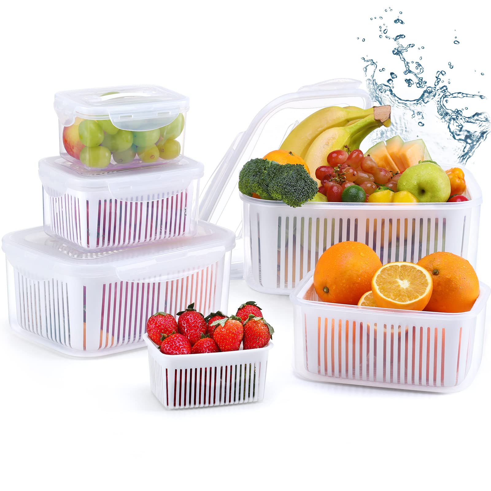 LUXEAR Larger Fruit Vegetable Produce Storage Saver Containers with Lid & Colander 5 Packs BPA-Free Plastic Fresh Keeper Set | Refrigerator Fridge Organizer | for Salad Berry Lettuce Food Celery