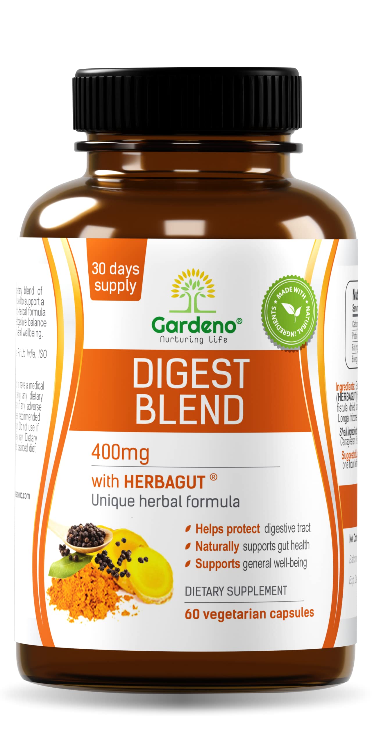 Gardeno Nurturing Life Digest Blend - Better Digestion, Anti-Bloating, Gut Health & Acid Reflux Support - Plant-Based Multi-Herbal Vegan Formula - 60 Veg Capsules, 400mg Each