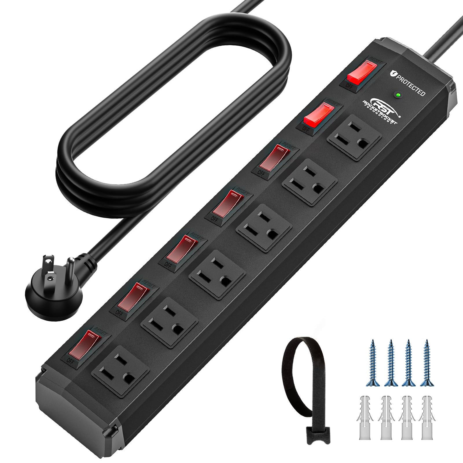 CRST6 Outlet Metal Power Strip with Individual Switches, Mountable Heavy Duty Power Strip for Garage Workshop, 1200 J Surge Protector Power Strip 15A Circuit Breaker, 6FT Extension Cord 15A/1875W