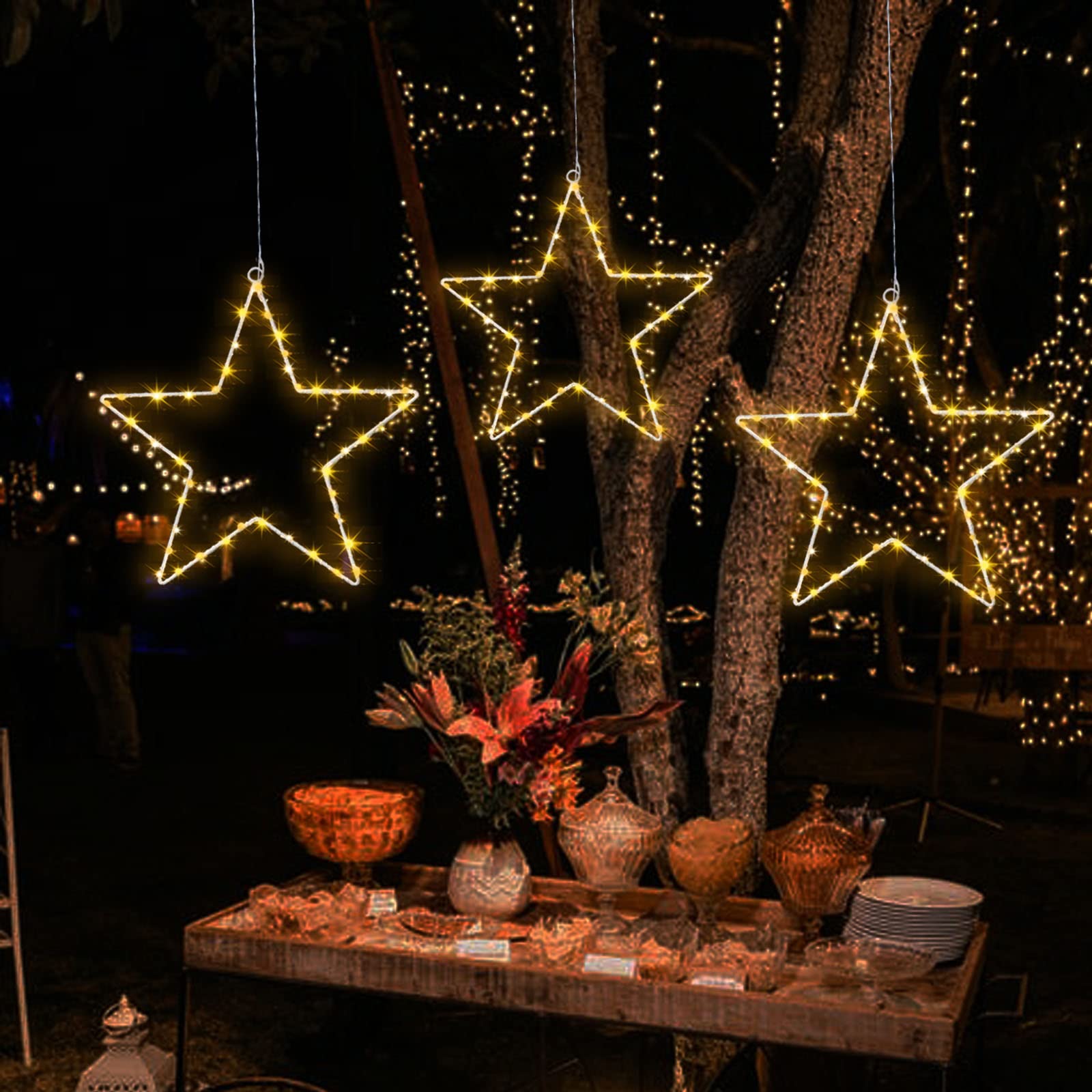 LED Christmas Star Lights,Lighted Star Decor for Xmas, 8 Lighting Effects with Remote Control, Battery Operated Light Up Star with Timer for Home Party Garden Patio Porch Warm White (3 Pack)