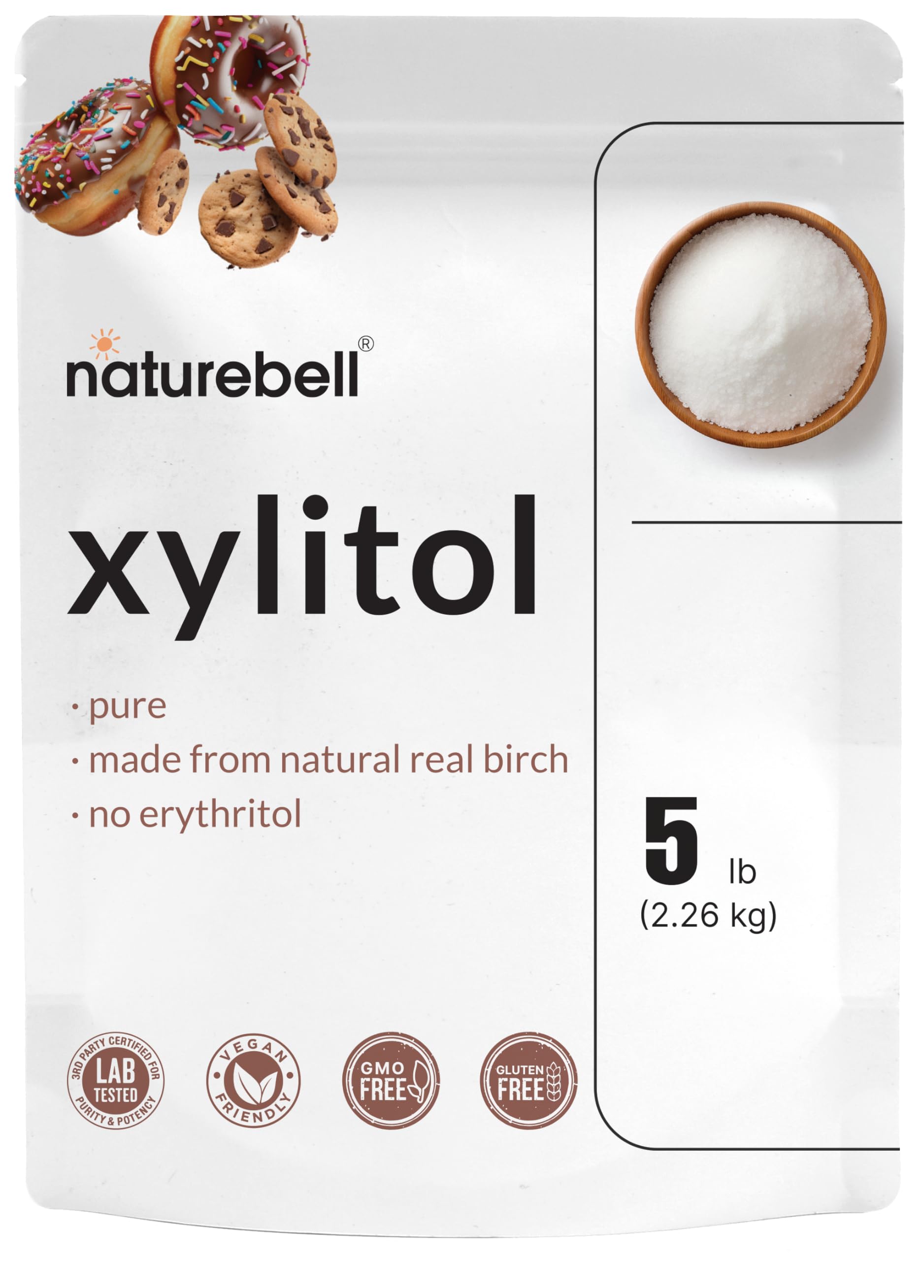 NatureBellXylitol Sweetener, 5lbs | Natural Birch Crystal Source – 1:1 Sugar Substitute – Sweet Flavor with No Erythritol – Low Calorie & Glycemic Impact – Sugar Free, No Aftertaste, Non-GMO