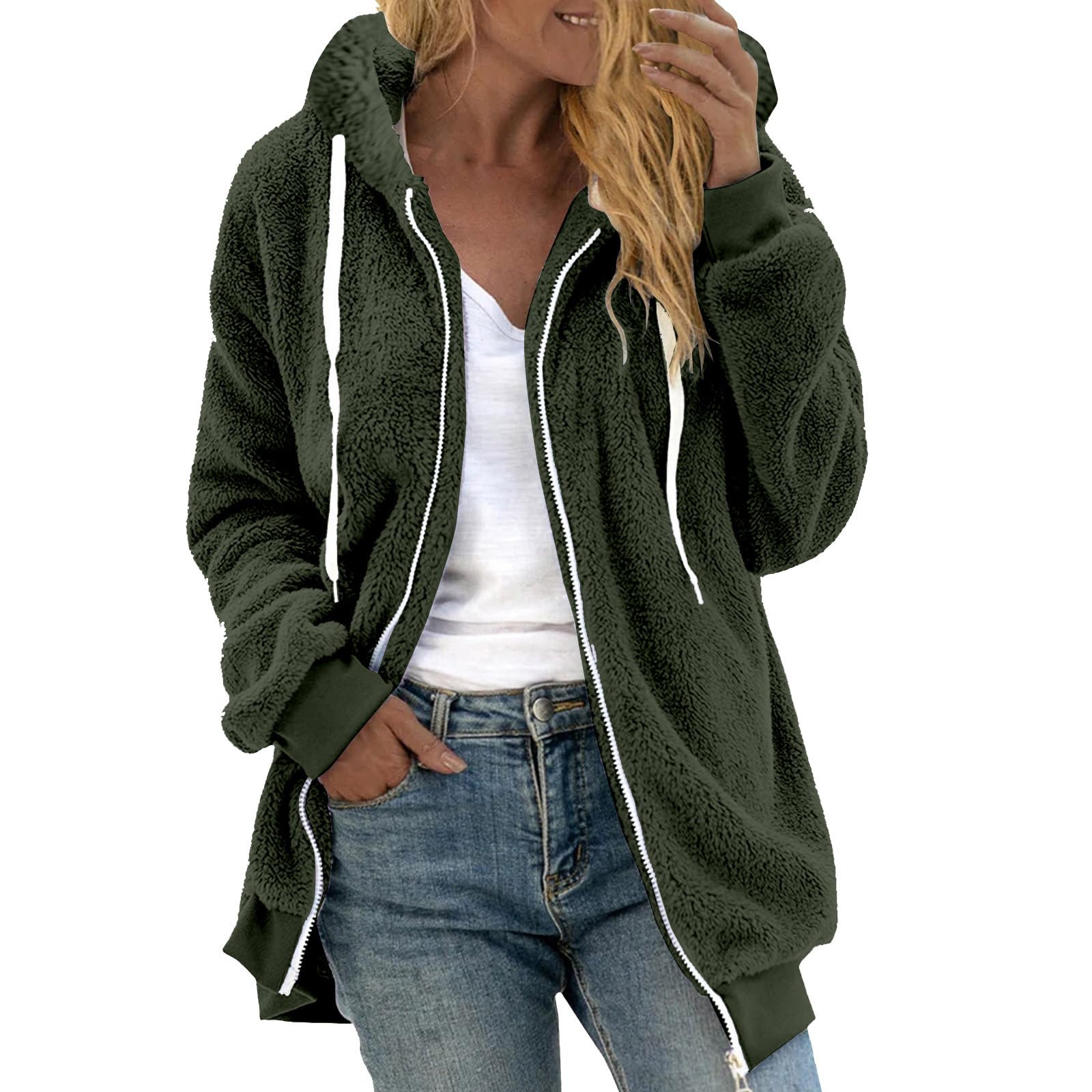 Winter Sherpa Jacket for Women Fuzzy Fleece Fluffy Outerwear Long Sleeve Zip Up Hooded Color Block Cardigan Sweater