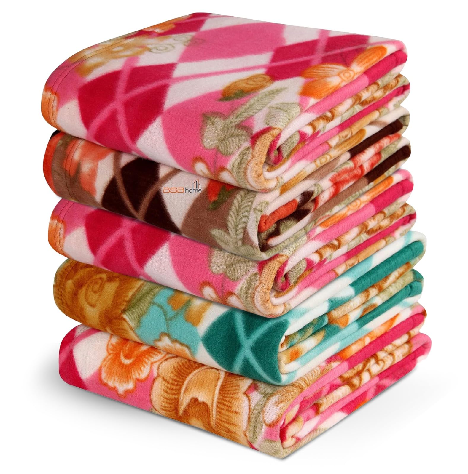 BSB HOME® Printed Polar Fleece Single Bed All Season Blanket/Comforter/Dohar 250TC - Pack of 5 (58x88 Inch, Multicolour, Pink, Green, Rust and Red)