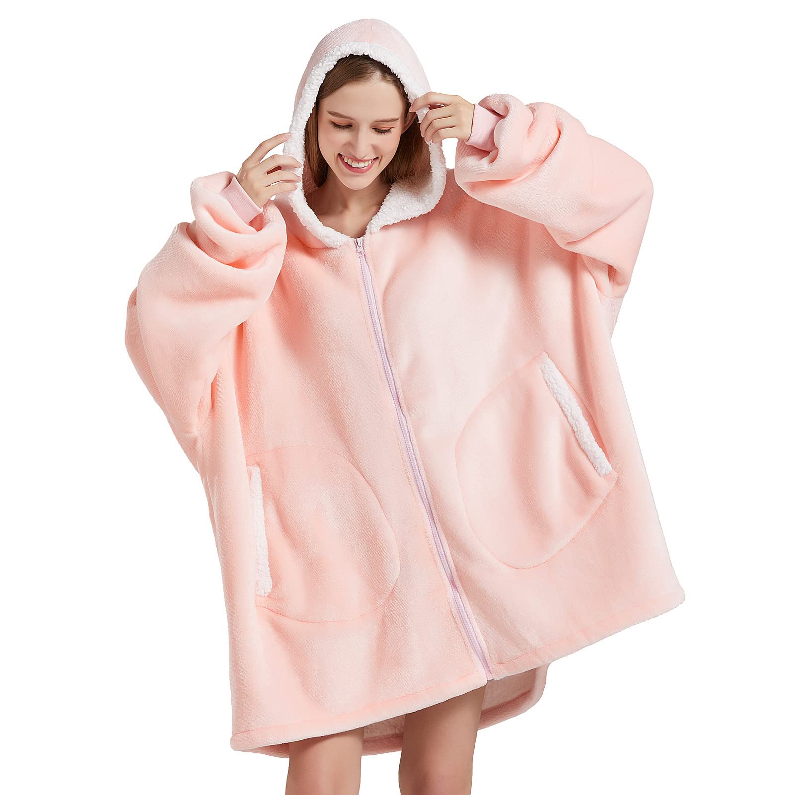 FAYBOXWomen Wearable Blanket Hoodie with Zip,Valentines Day Gifts for Her, Sherpa Comfy Oversized Hoodie Blanket Plush Sweatshirt,One Size Fits All-Pink