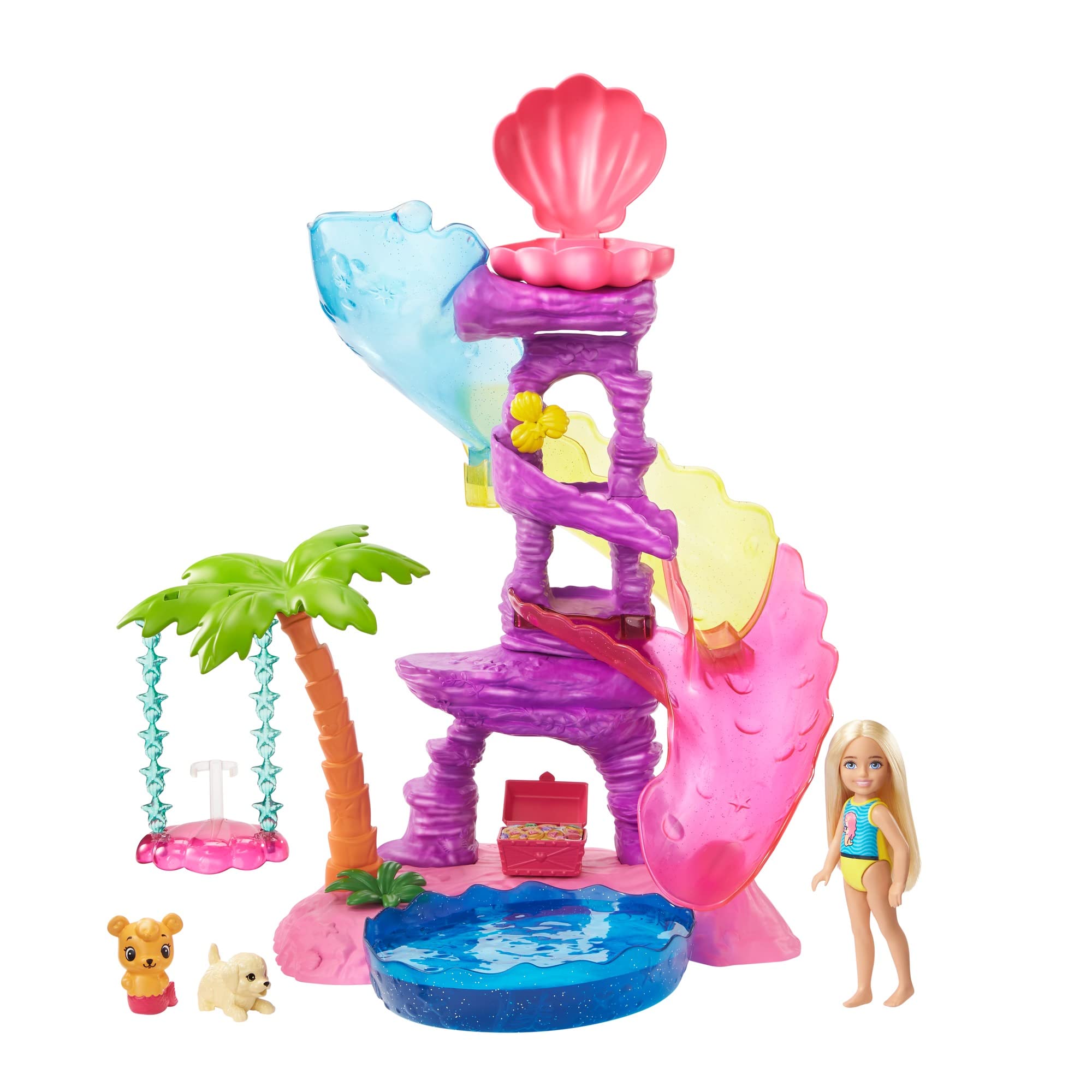 BarbieDreamtopia Chelsea Water Lagoon Playset with Chelsea Doll (6 in Blonde), 2 Pets, Slide, Pool & Swing, Gift for 3 to 7 Year Olds