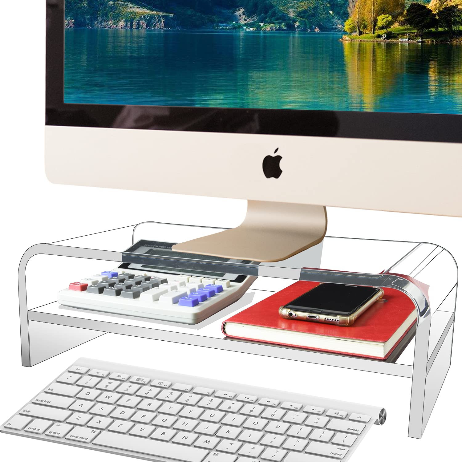 Acrylic Monitor Stand 2 Tier, Computer Monitor Stand Riser for iMac, PC, Desktop, Laptop, TV Screen, Printer with Sturdy Platform, Transparent Ergonomic Monitor Stand for Home and Office