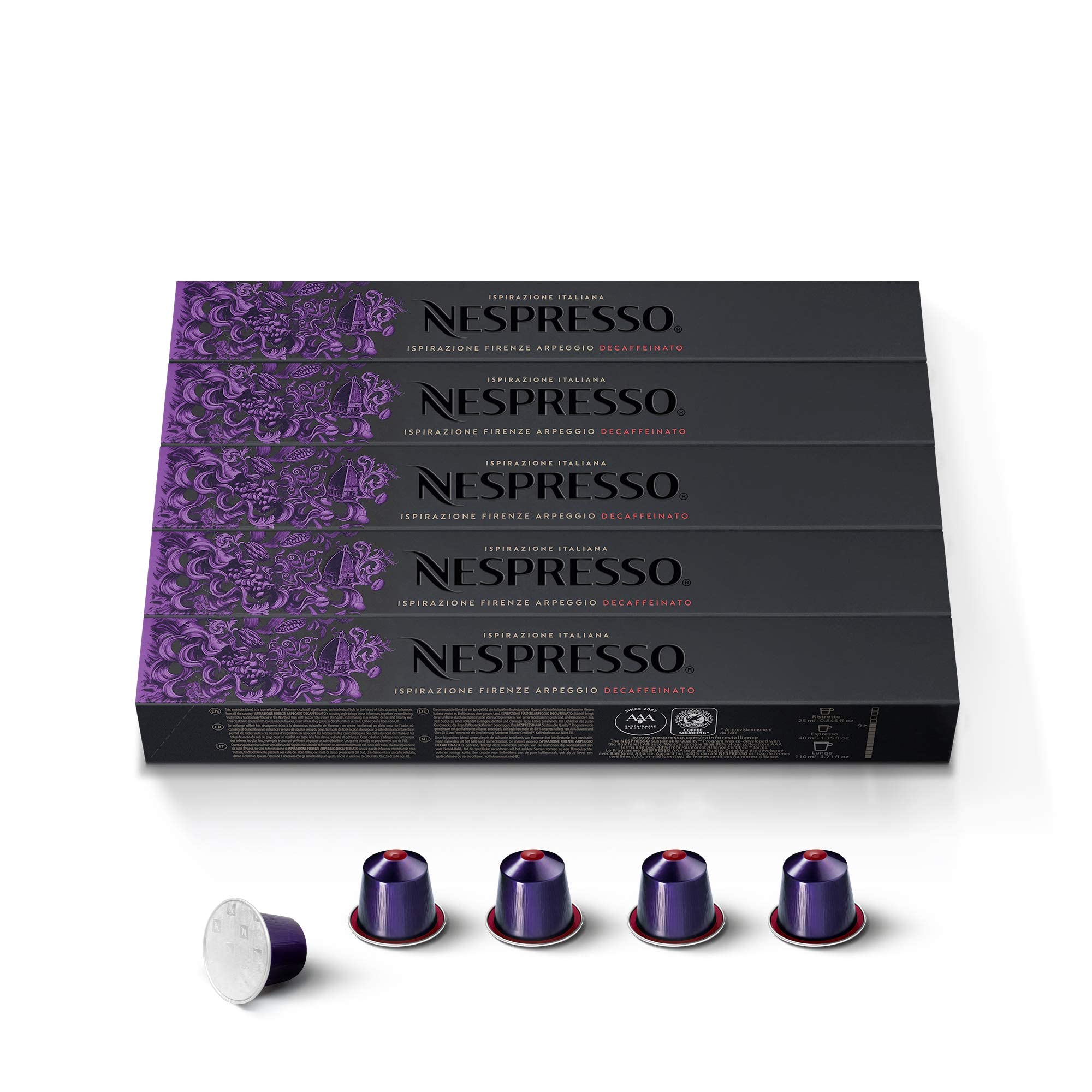 Nespresso Capsules Original Line Stocking Stuffers, Arpeggio Decaffeinato, Dark Roast Coffee, 50-Count Coffee Pods