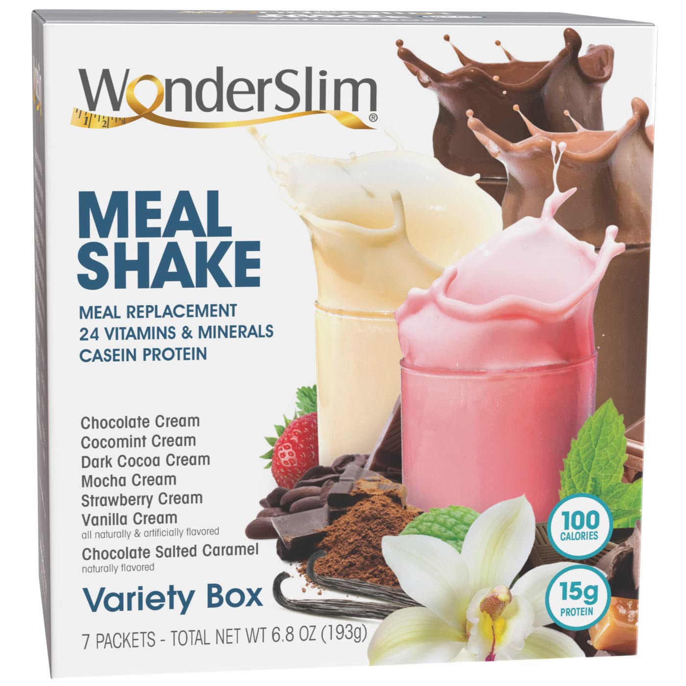 WonderSlimMeal Replacement Shake, Variety Pack, 15g Protein, 24 Vitamins & Minerals, Gluten Free (7ct)