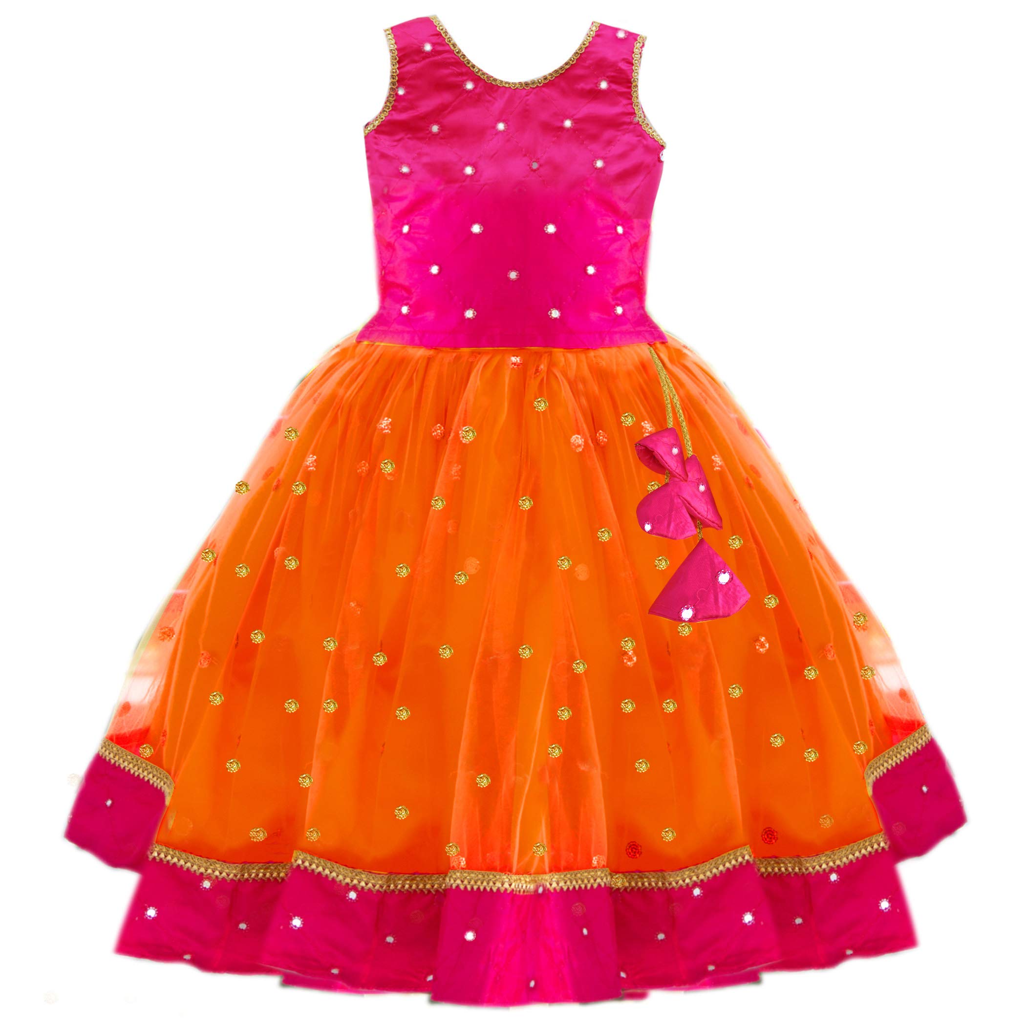 Stanwells Kids Orange and Magenta combo south indian Baby girls mirror work net Lehenga Choli set (3months to 8Years)