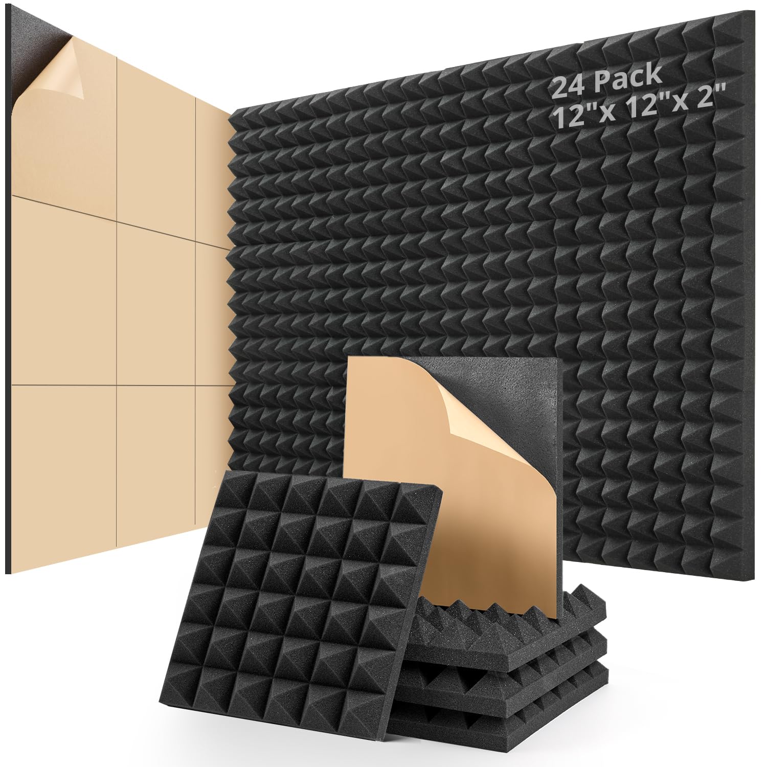 Sound Proof Foam Panels, Kuchoow Self Adhesive Acoustic Panels 24 Pack Soundproof Wall Panels 12 X 12 X 2 inches Sound Absorbing Panel For Recording Studio Room Soundproofing Pyramid Shaped Black