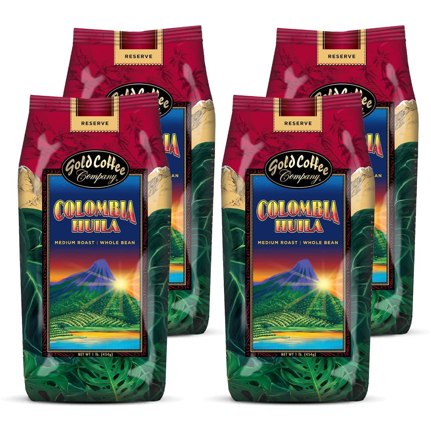 Gold Coffee Colombia Huila 1lb Medium Roast Whole Bean Coffee Pack of 4)