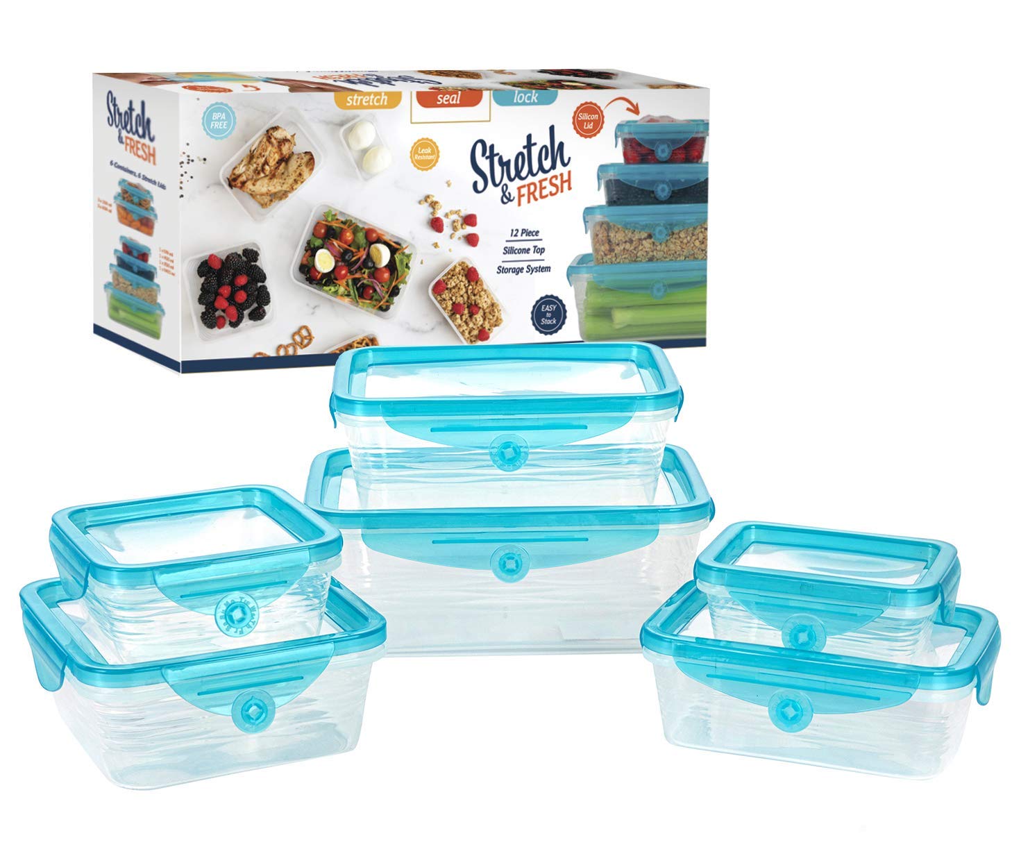 STRETCH and FRESH by Emson, Silicone Food Storage System, Airtight for Solid Food, and Leak-Proof for Soups and Sauces, Freezer-Safe, BPA-Free, As Seen On TV (12)