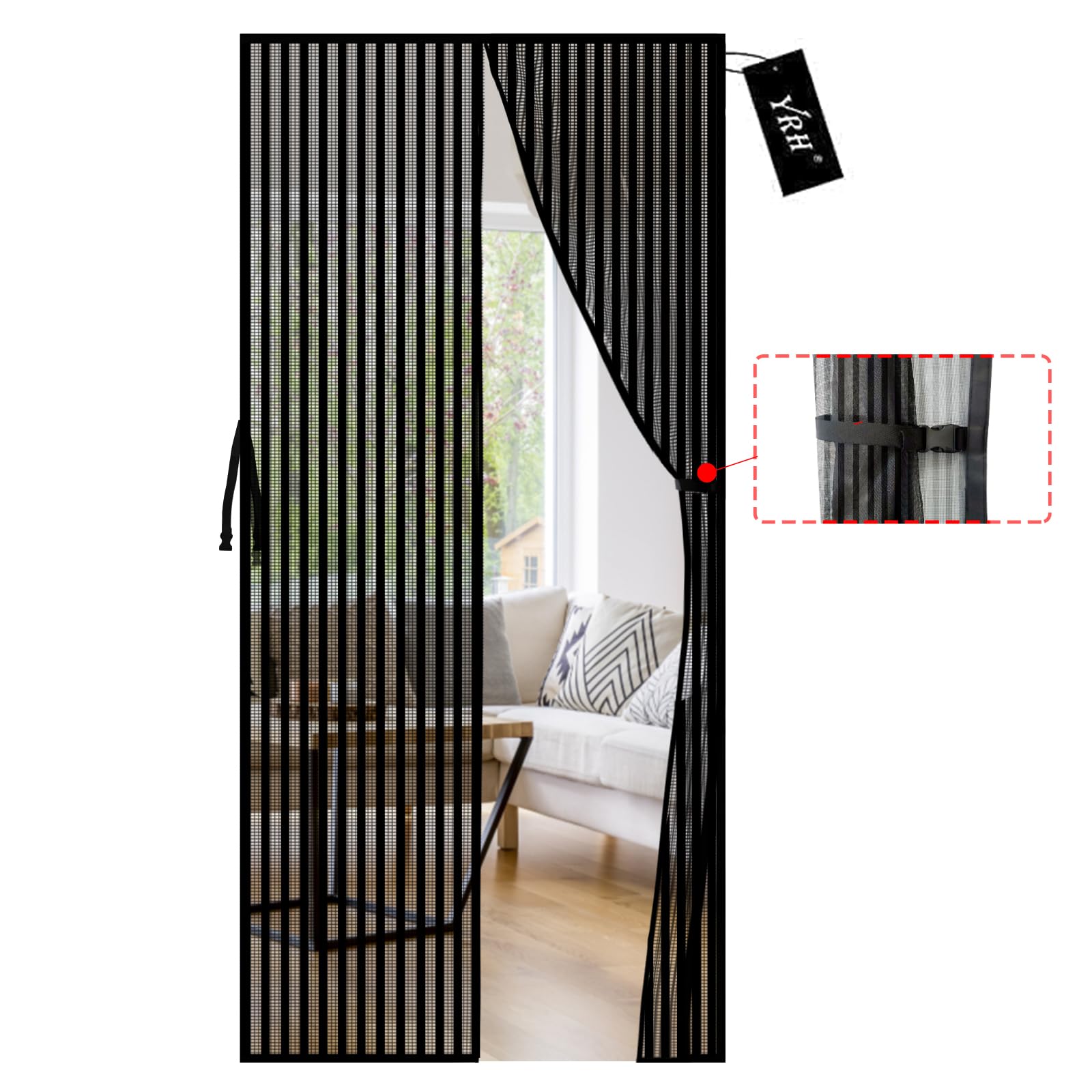 YRH Magnetic Fly Screen Door,New Side Buckle Design,Heavy Duty Mesh,Self Sealing - Upgrade Enhanced Screen Mesh,Powerful Magnets,Full Frame Magic Tape Screen Door No Gap,Black - 90 × 200 cm