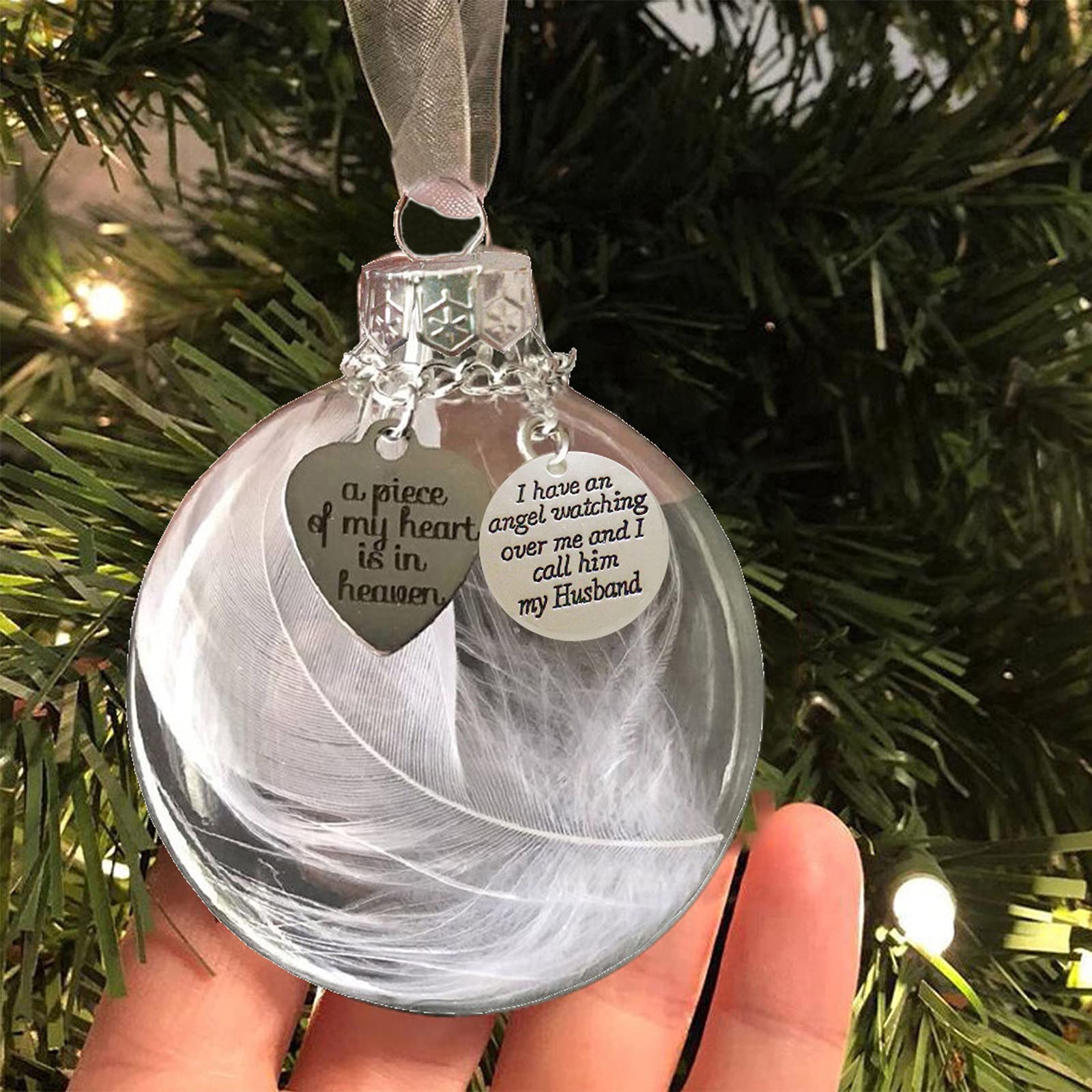 Christmas Memorial Hanging Ornament Feather Ball, A Piece of My Heart is in Heaven, Sympathy Gift for Loss of Husband Christmas Tree Hanging Pendant 2.4 inch/60 mm for Loved One