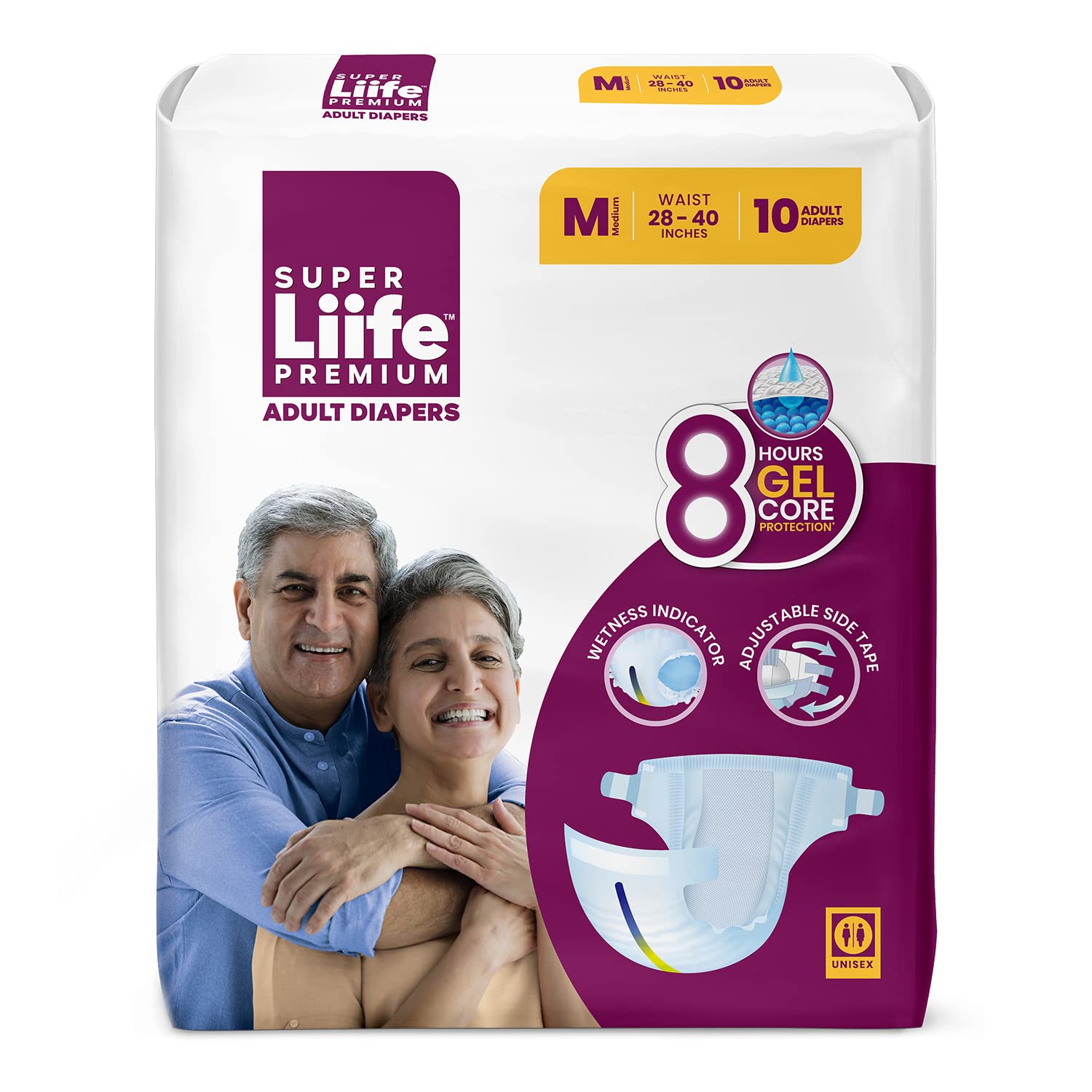 Super Liife Taped Style Adult Diaper, Unisex|Medium- 10 Count (71-101 cm Waist 28-40 Inches) | 8 Hours Gel Core Protection| Rash Free and Odourless |Wetness Indicator |Soft Top Sheet for 100% Comfort