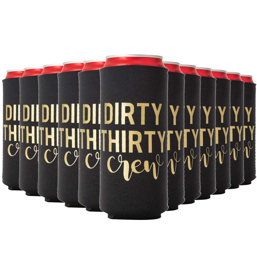 Dirty Thirty Crew Can Coolers, 30th Birthday Party Coolies, Set of 12, Black/White and Gold Thirtieth Birthday Cup Coors, Perfect for Birthday Parties, Birthday Decorations (Black, Slim)