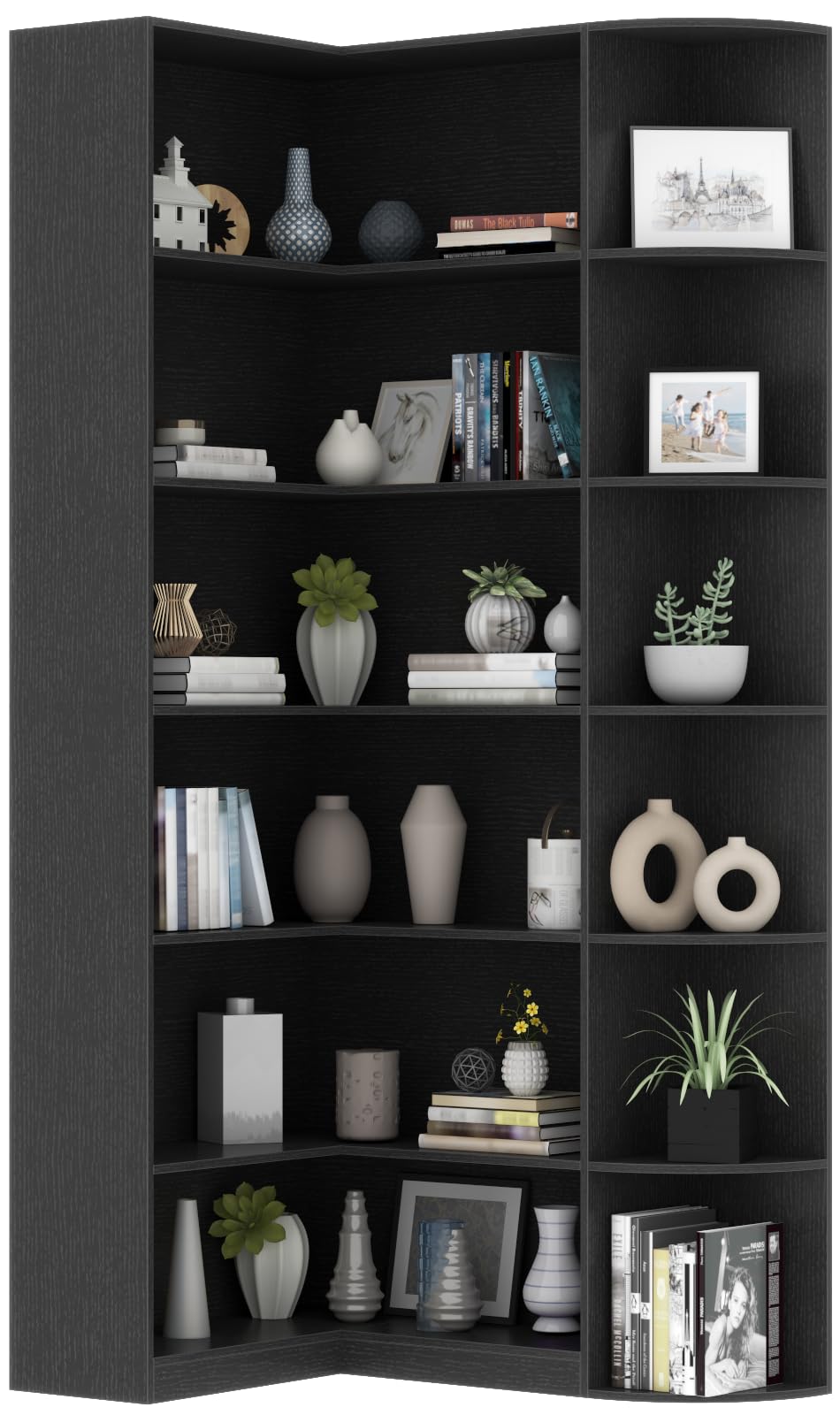 Loomie Black Book Shelf, 6 Tiers Shelf Large Tall Corner Etagere Bookcase with Full Baffle, L-Shaped Modern Storage Display Industrial Bookshelves for Bedroom, Home Office, Living Room & Kitchen,Black