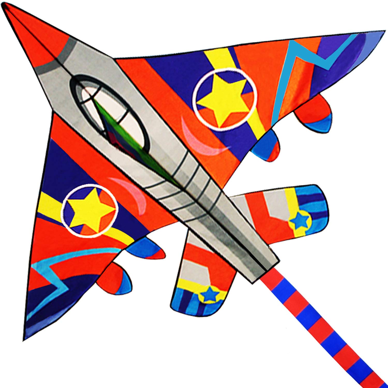 HUGE Fighter Plane Kite for Kids and Adults- 58"Wide with long tail- Easy Flyer - Kit Line and Swivel Included- Good for Outdoor Games and Summer the beach toys for kids