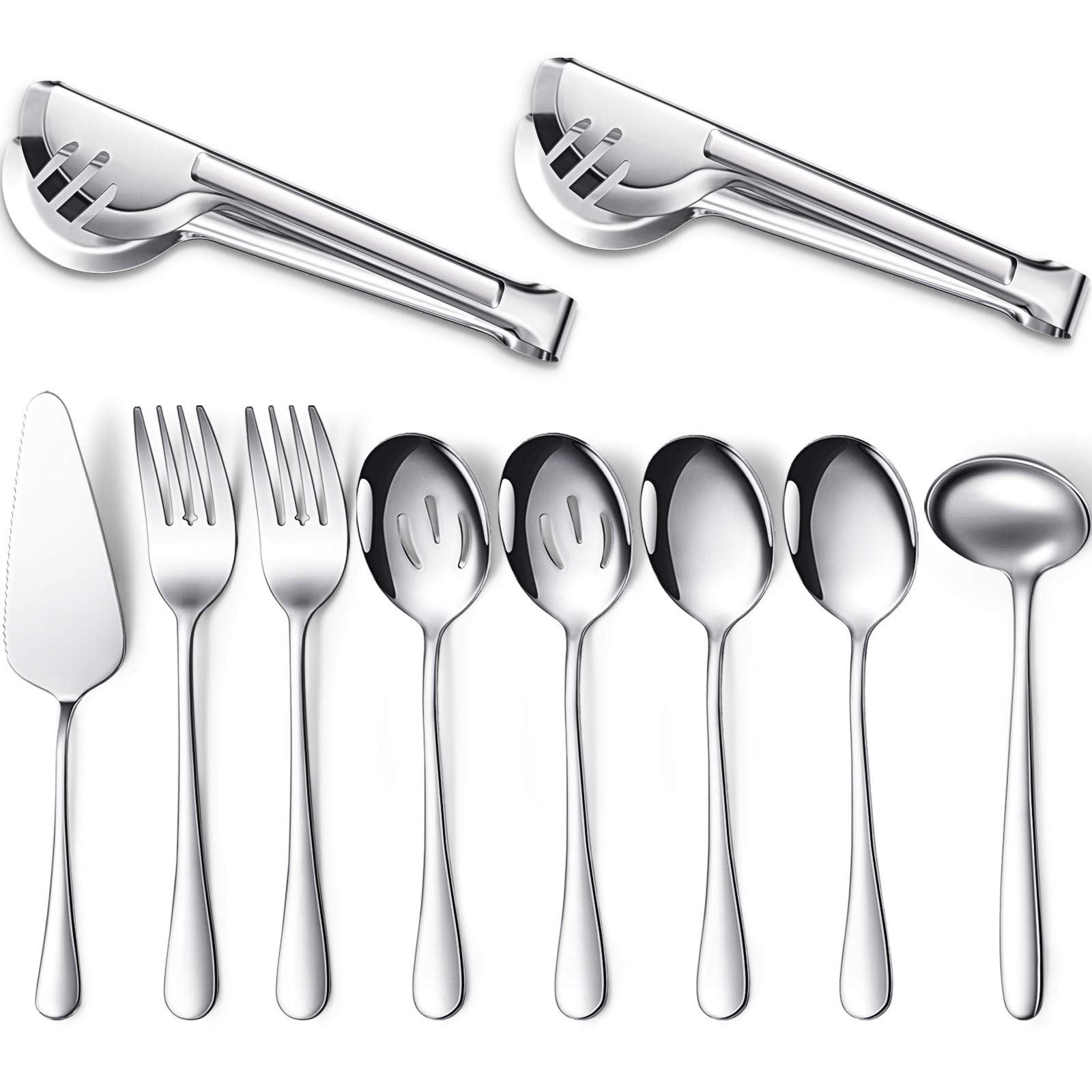 Serving Utensils Include Large Serving Spoons Slotted Serving Spoons Serving Forks Serving Tongs Soup Ladle and Pie Server Buffet Catering Serving Utensils for Dishwasher Safe (Silver, 10 Pieces)