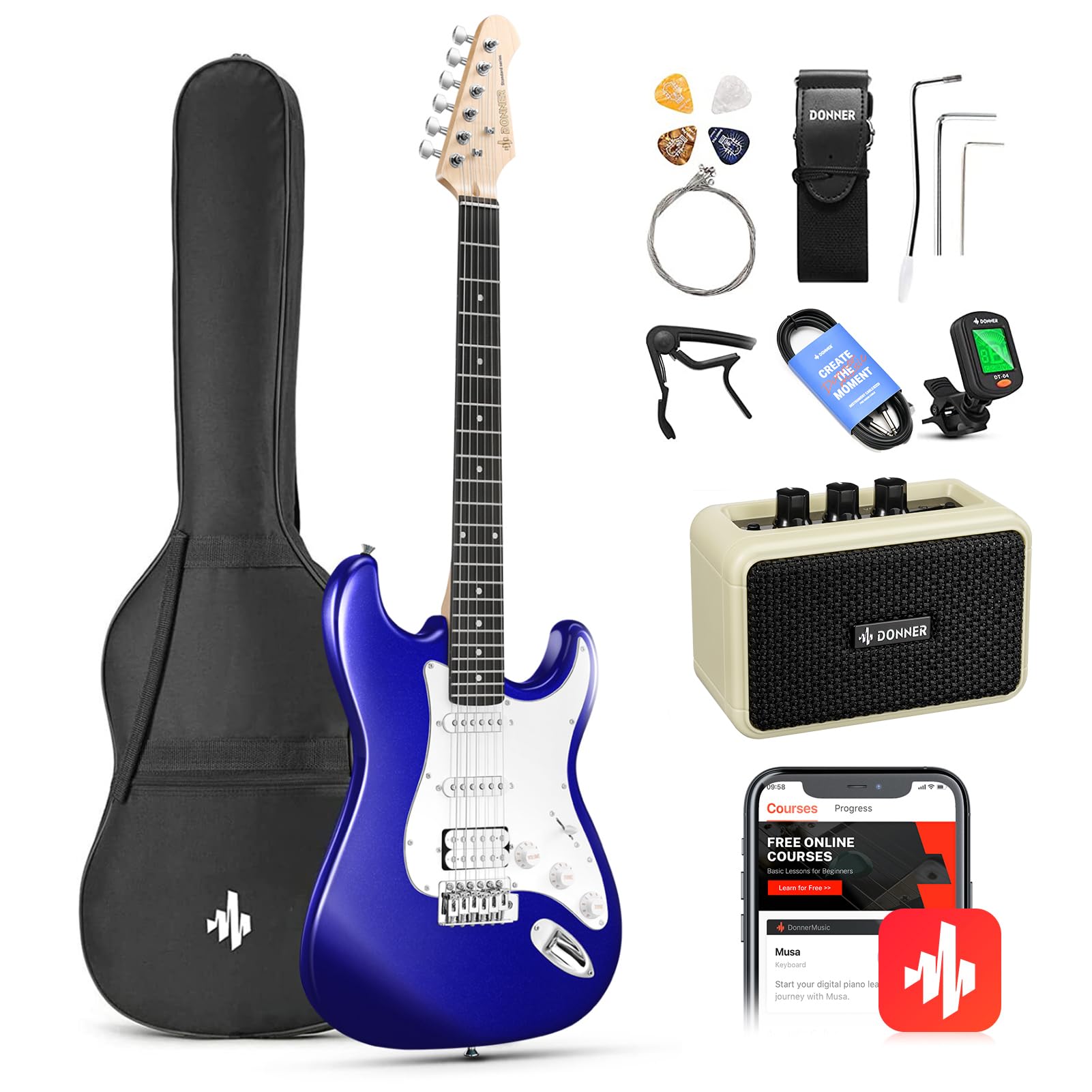 Donner 39-Inch Electric Guitar Kit - Purple Sapphire Blue HSS Pickup, Amplifier, Lessons, Bag, Tuner, Capo, Strap, Cable, Picks