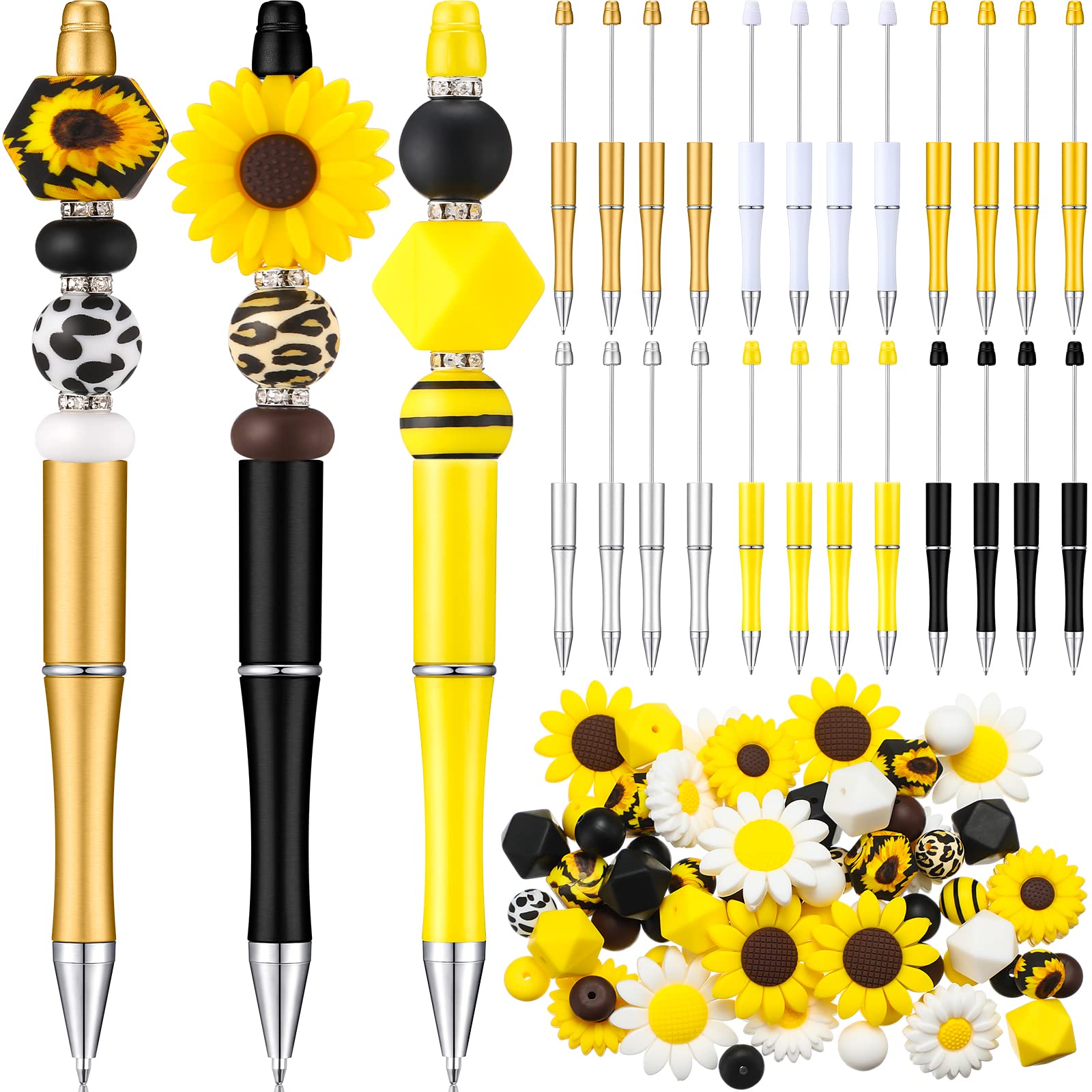 Colarr 24 Pcs Plastic Beadable Pens Bead Pens Leopard Print Sun Flower Silicone Beads Pens 50 Spacer Beads DIY Black Ink Ballpoint Pen for Women Kids Office School Craft (Sunflower)